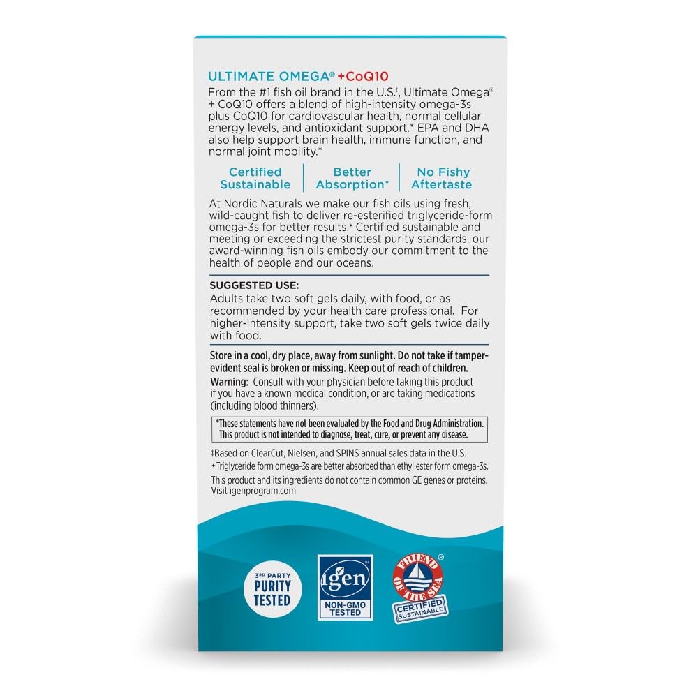 Nordic Naturals Ultimate Omega + CoQ10 Lemon - 120 Soft Gels, 60 Servings | 1280 mg Omega-3 + 100 mg CoQ10