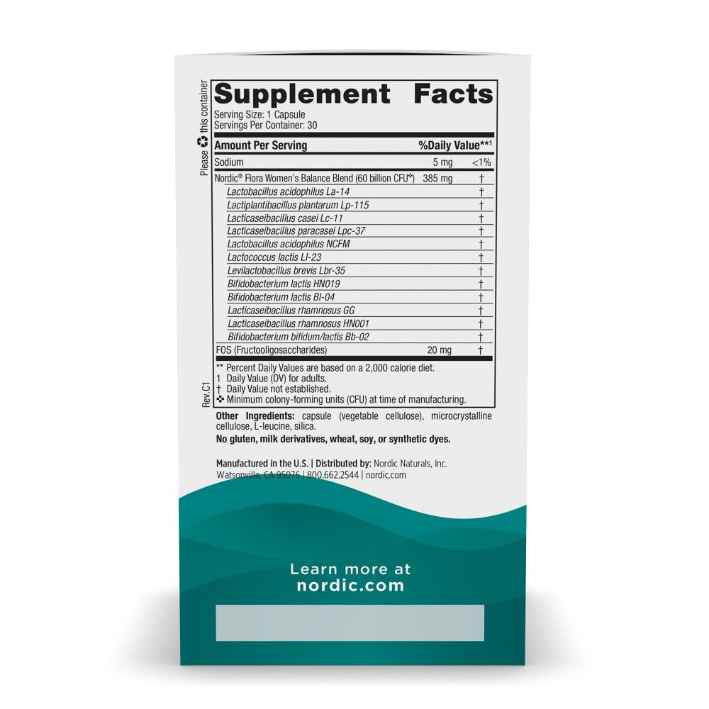 Nordic Naturals Nordic Flora Probiotic Women’s Balance – 60B Cultures, 12 Strains, Vegan, 30 Servings