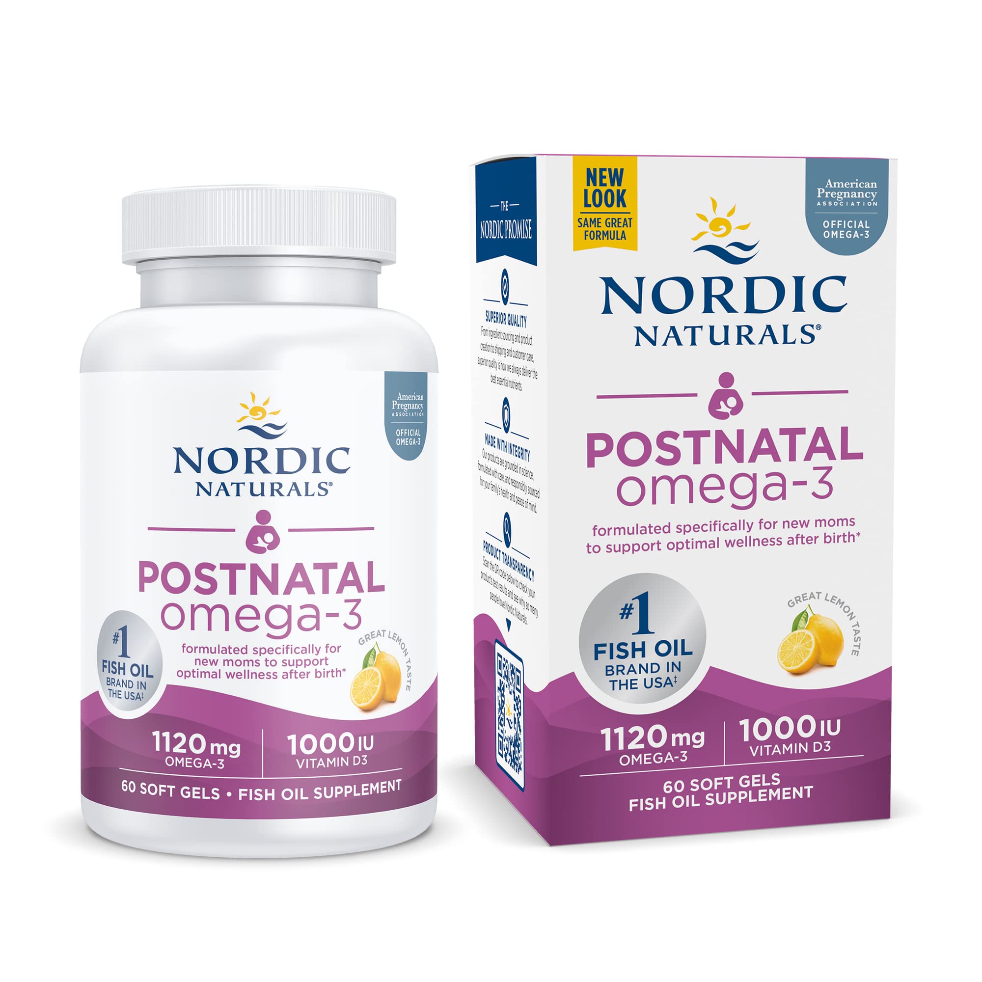 Nordic Naturals Postnatal Omega-3 Lemon - 60 Soft Gels | 1120 Total Omega-3 + 1000 IU Vitamin D3
