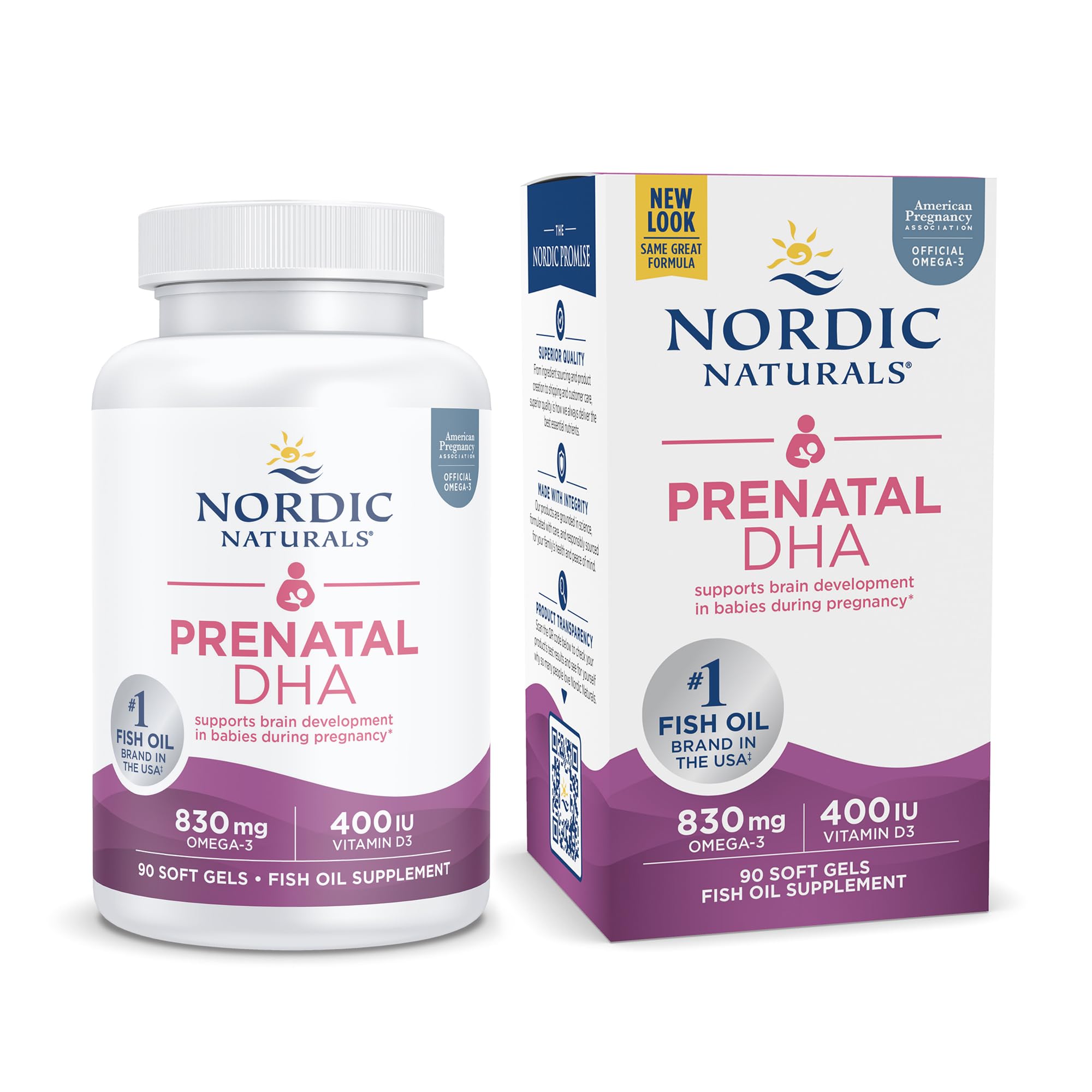 Nordic Naturals Pro Prenatal DHA Unflavored – 830 mg Omega-3 + 400 IU Vitamin D3, 90 Soft Gels