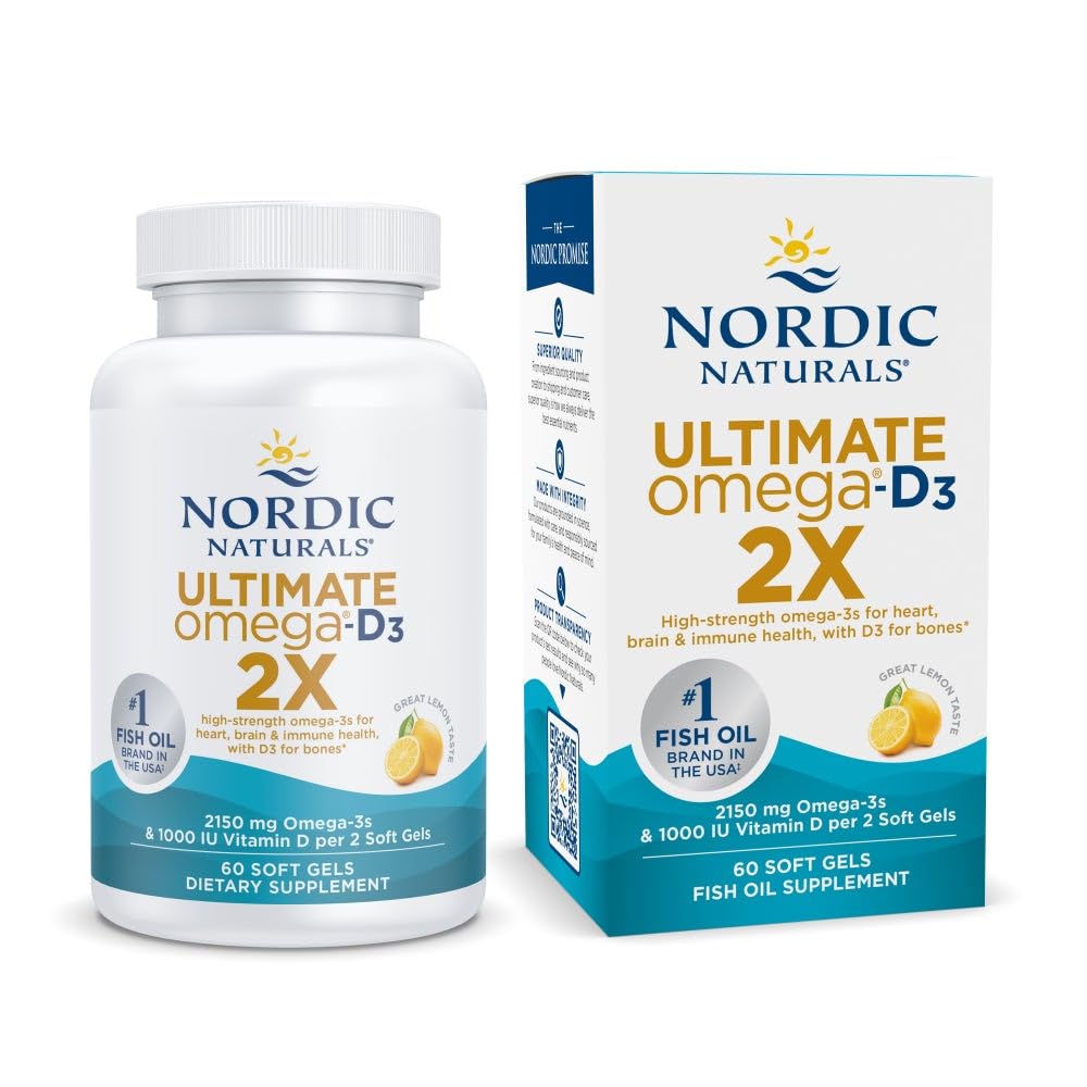 Nordic Naturals Ultimate Omega 2X with Vitamin D3 – Lemon Flavor | 60 Soft Gels, 2150 mg Omega-3 + 1000 IU D3