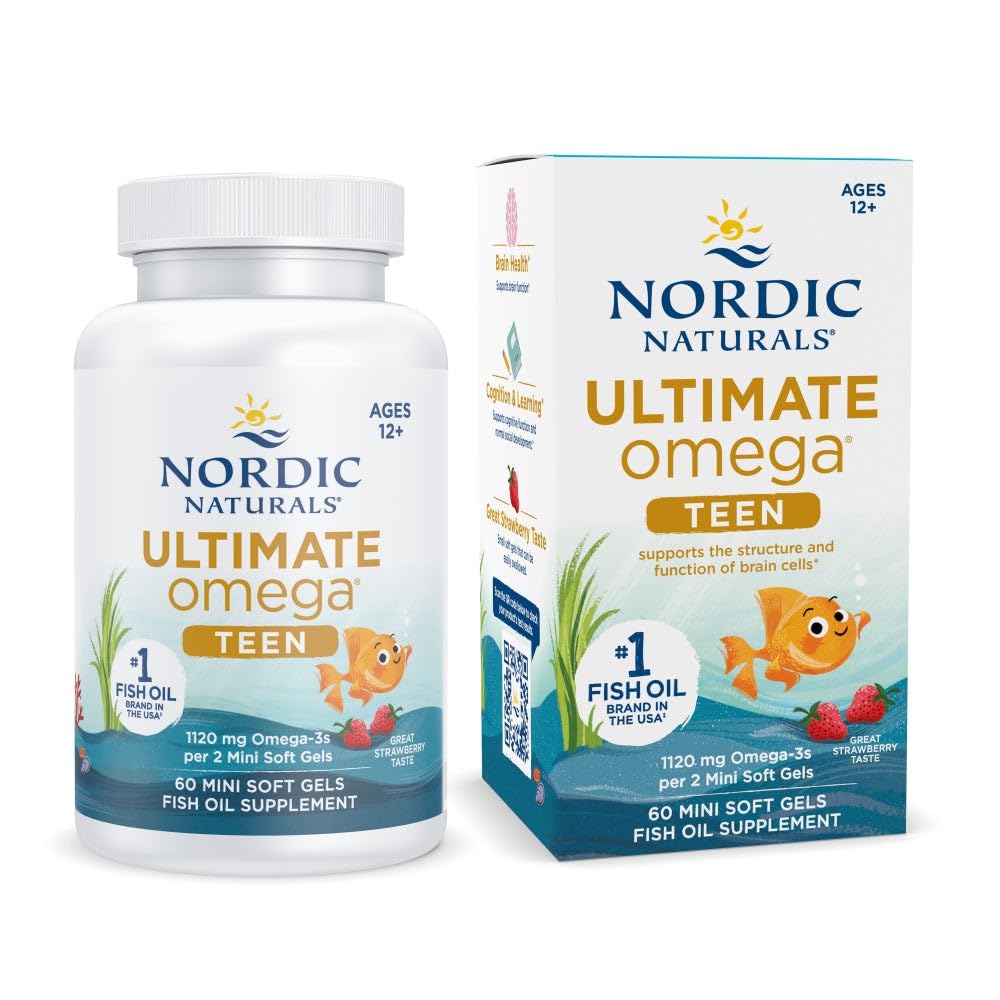 Nordic Naturals Ultimate Omega 2X Teen – Strawberry, 60 Mini Soft Gels | 1120 mg Omega-3 (EPA & DHA) | Non-GMO | 30 Servings