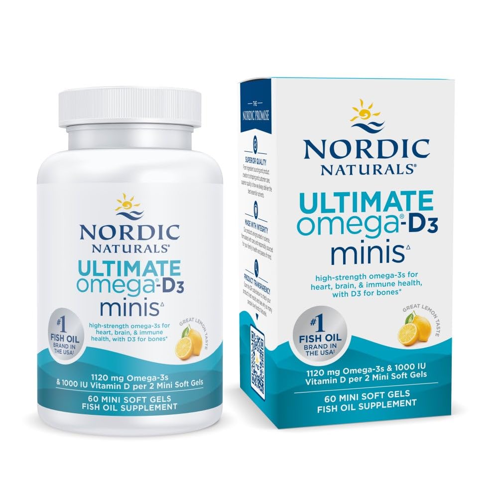 Nordic Naturals Ultimate Omega Mini D3 Lemon | 60 Mini Soft Gels, 1120 mg Omega-3 + 1000 IU Vitamin D3 | EPA & DHA | Brain & Heart Health | 30 Servings