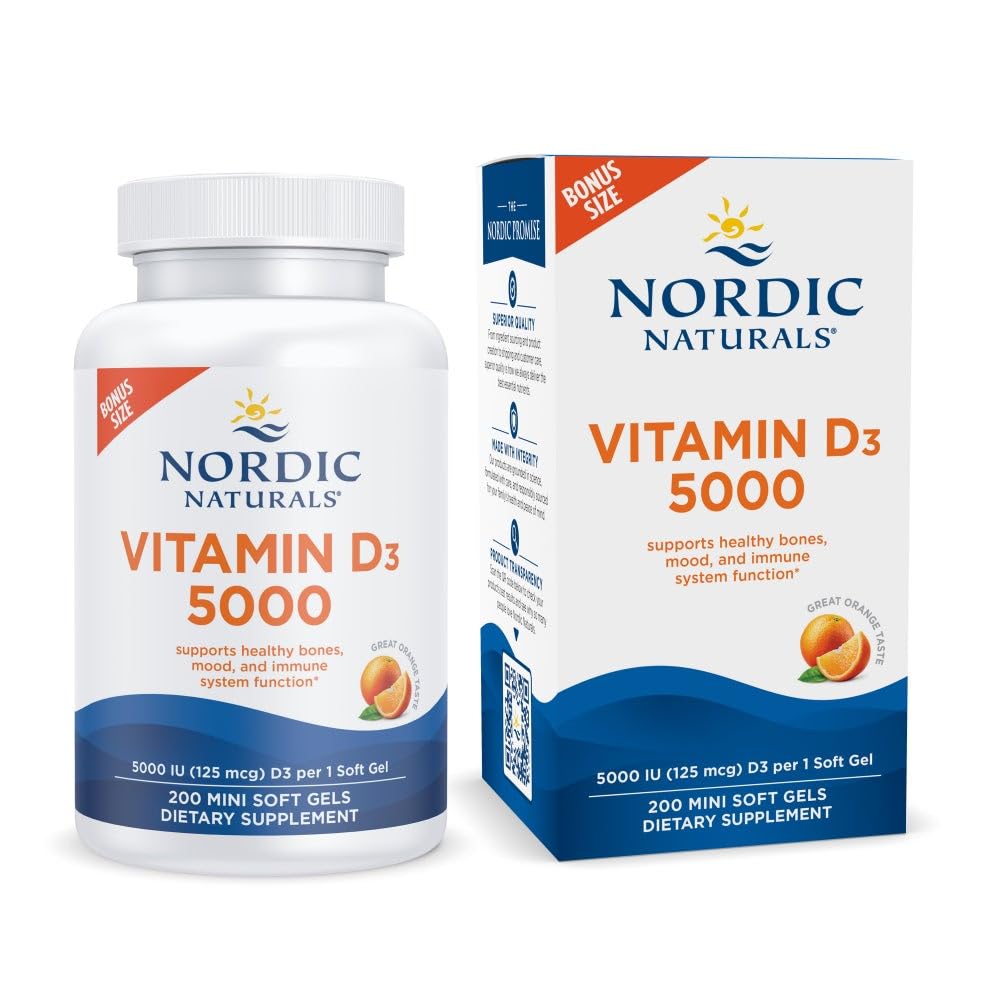 Nordic Naturals Vitamin D3 5000 IU Orange – 200 Mini Soft Gels | Supports Bones, Immunity & Mood | Vegetarian & Non-GMO