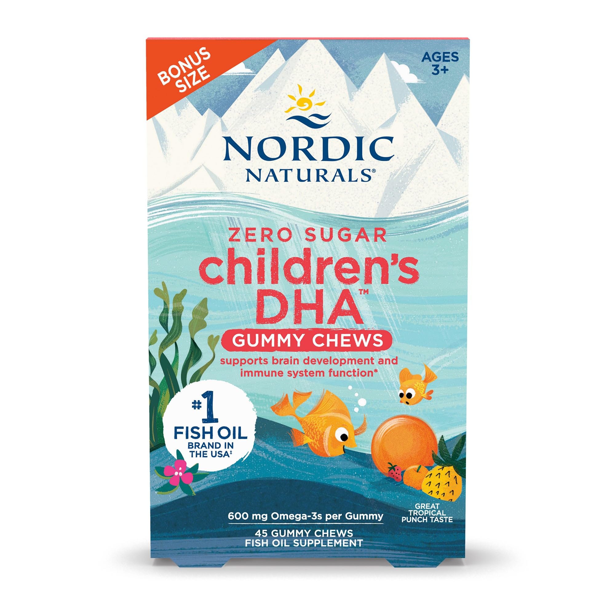 Nordic Naturals Zero Sugar Children’s DHA Gummy Chews - Tropical Punch, 45 Gummies | 600 mg Total Omega-3s