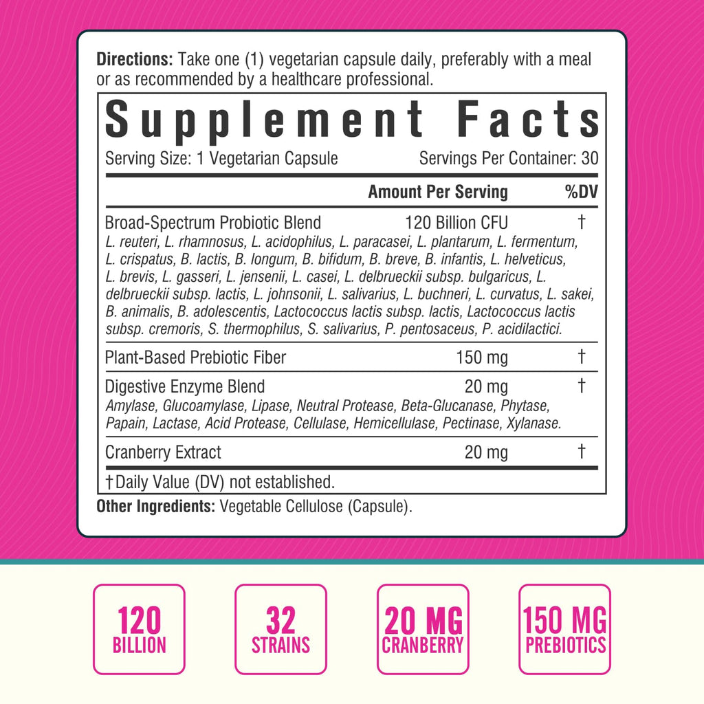 Nordvida Women's Probiotic 120B: 32 Strains, Cranberry, Prebiotics & Digestive Enzymes