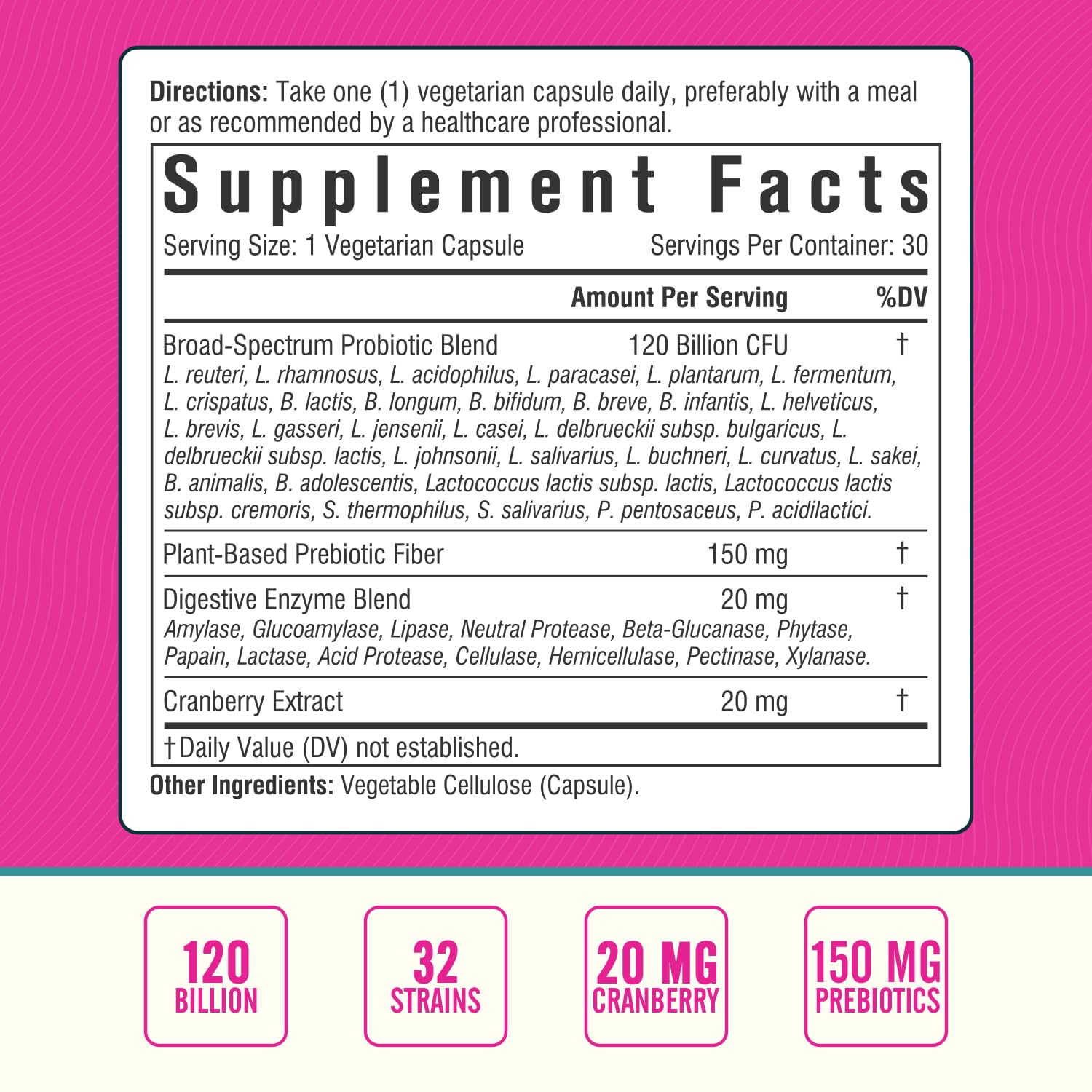 Nordvida Women's Probiotic 120B: 32 Strains, Cranberry, Prebiotics & Digestive Enzymes