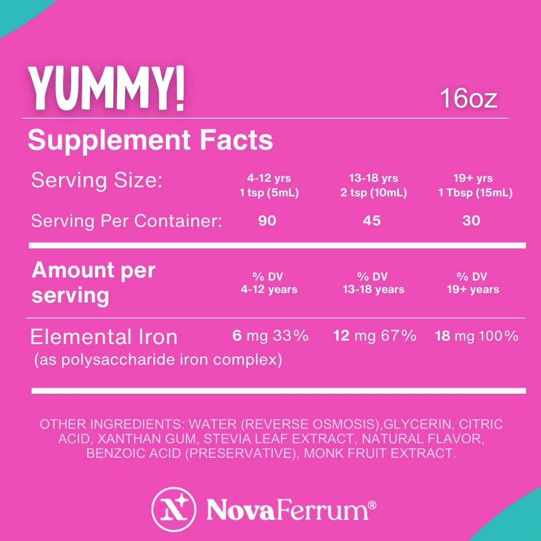 NovaFerrum Yummy 16oz Liquid Iron Supplement for Ages 4+ | 18mg Iron per Tbsp | Gluten Free | Sugar Free | Raspberry Grape