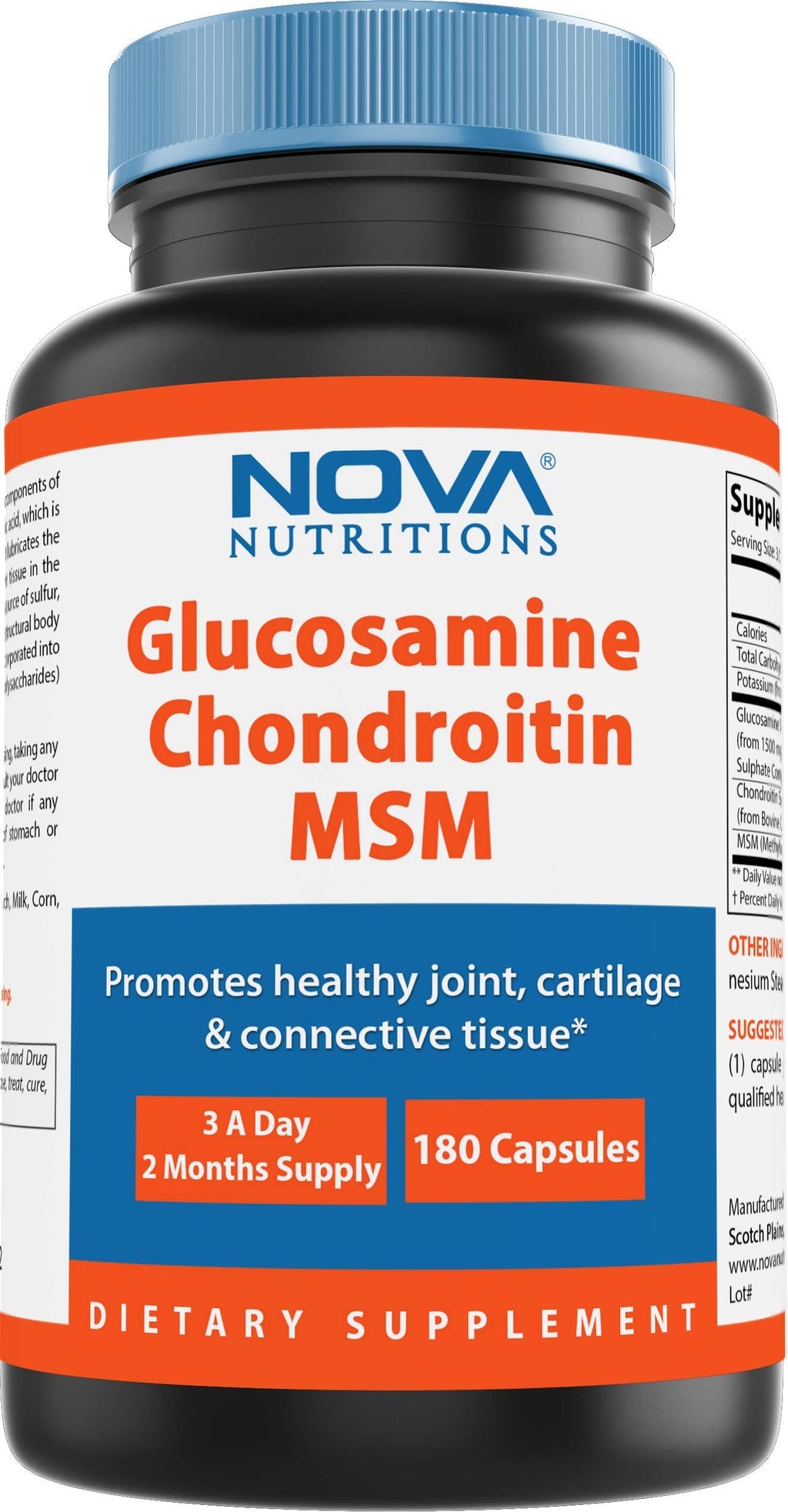 Nova Nutritions Triple Strength Glucosamine Chondroitin MSM 2600mg/Serving – 180 Count Capsules | Joint Health & Flexibility