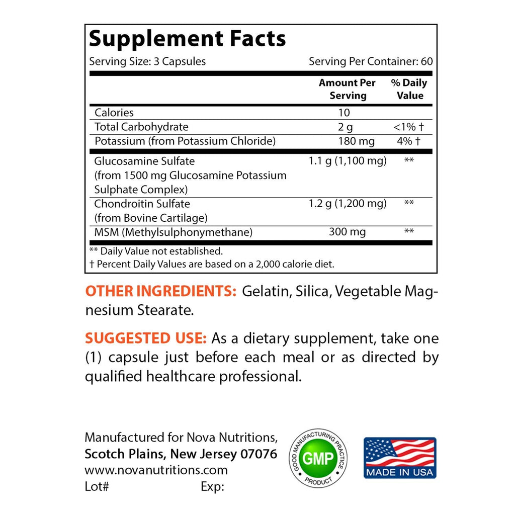 Nova Nutritions Triple Strength Glucosamine Chondroitin MSM 2600mg/Serving – 180 Count Capsules | Joint Health & Flexibility