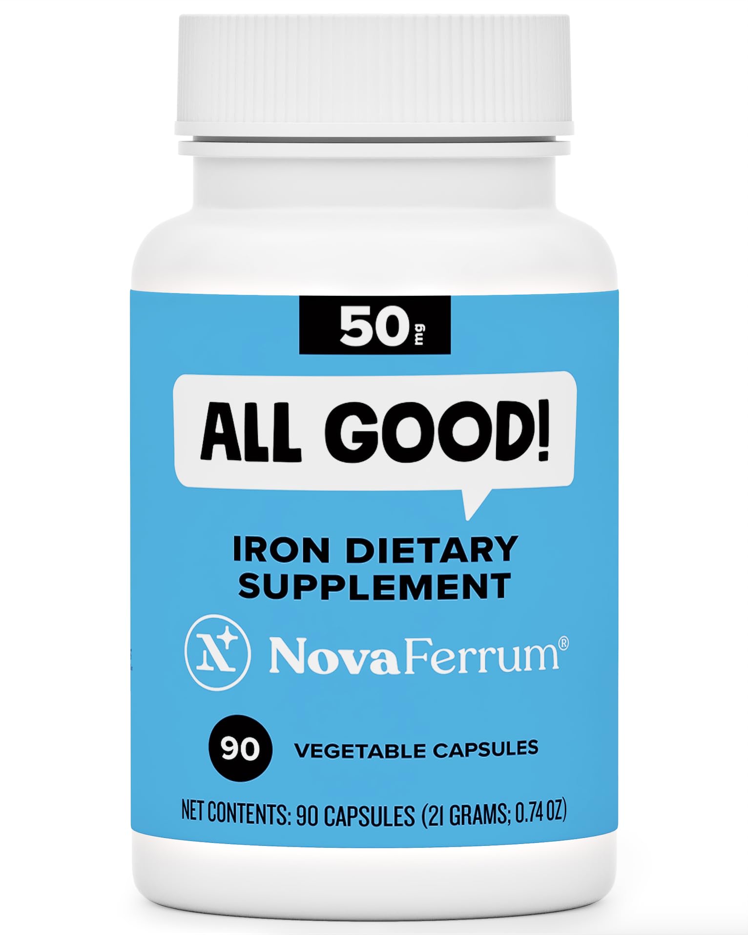 NovaFerrum All Good | Iron Capsule Supplements for Adults | Anemia | 50mg of Iron | 90 Servings | Sugar Free | Vegan | Gluten Free