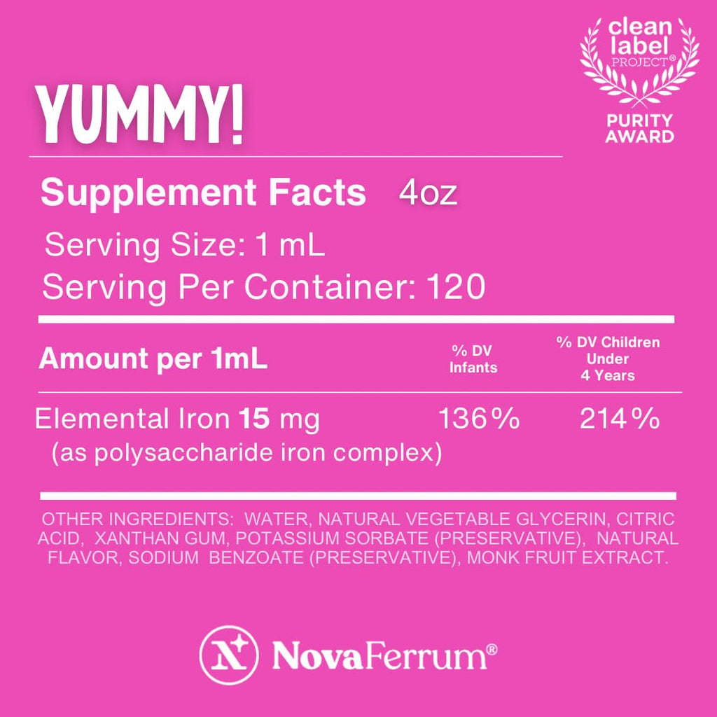 NovaFerrum Yummy | Pediatric Liquid Iron Drops for Infants & Toddlers | 15 mg/mL | Gluten Free | Sugar-Free | Raspberry