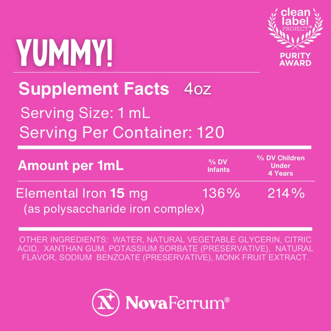 NovaFerrum Yummy | Pediatric Liquid Iron Drops for Infants & Toddlers | 15 mg/mL | Gluten Free | Sugar-Free | Raspberry