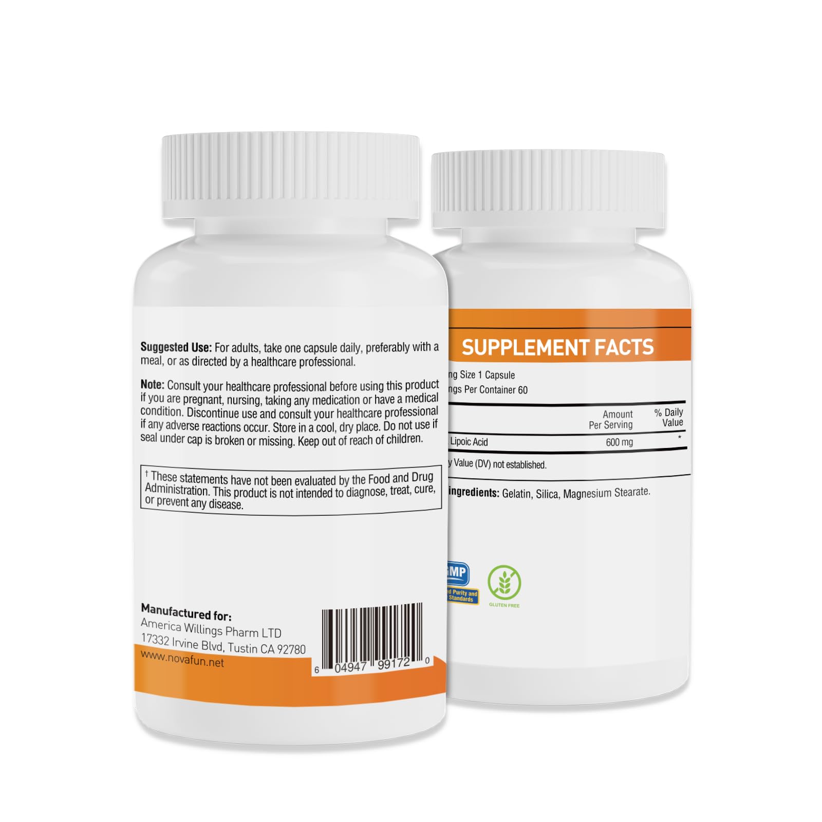 Novafun ALA 600mg Capsules – Nerve Health & Antioxidant Support (60 Count) | Non-GMO, Gluten Free