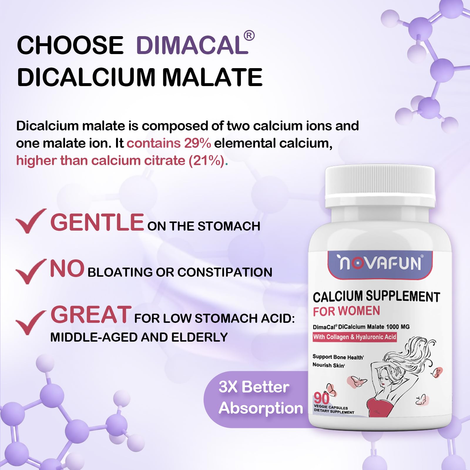 Novafun Calcium 1000mg for Women – Dicalcium Malate with Vitamin D3, K2, Magnesium, Collagen & Hyaluronic Acid | 90 Veggie Capsules