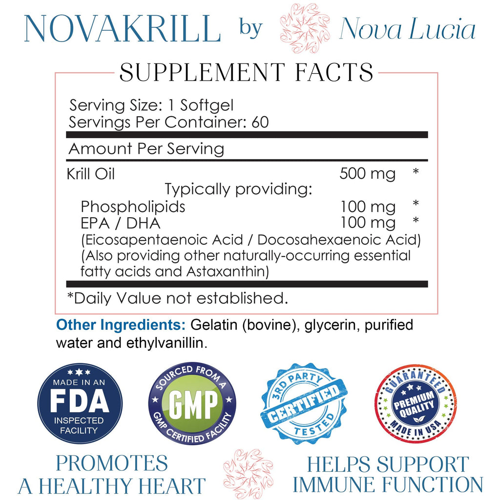 NovaKrill Krill Oil Omega-3 1000mg Softgels – EPA, DHA, Astaxanthin | No Fishy Aftertaste | Antarctic Krill Oil – 60 Liquid Capsules