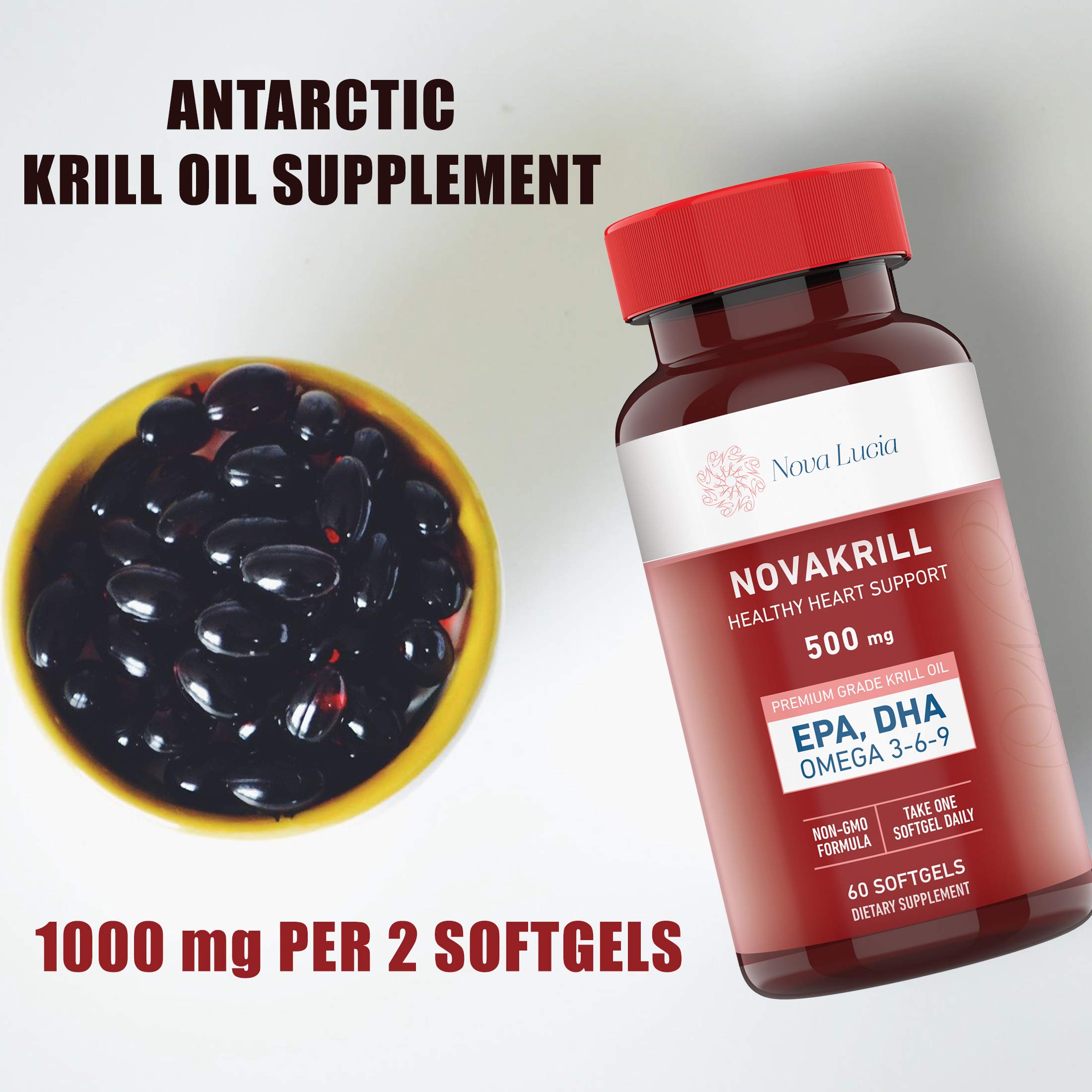 NovaKrill Krill Oil Omega-3 1000mg Softgels – EPA, DHA, Astaxanthin | No Fishy Aftertaste | Antarctic Krill Oil – 60 Liquid Capsules