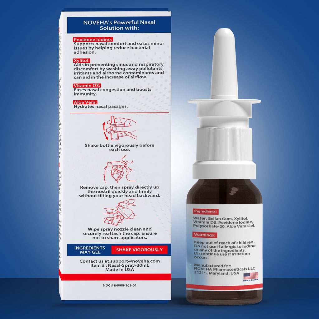 NOVEHA Iodine Nasal Spray – Daily Nasal Cleanser with Vitamin D3 & Aloe Vera | Made in USA
