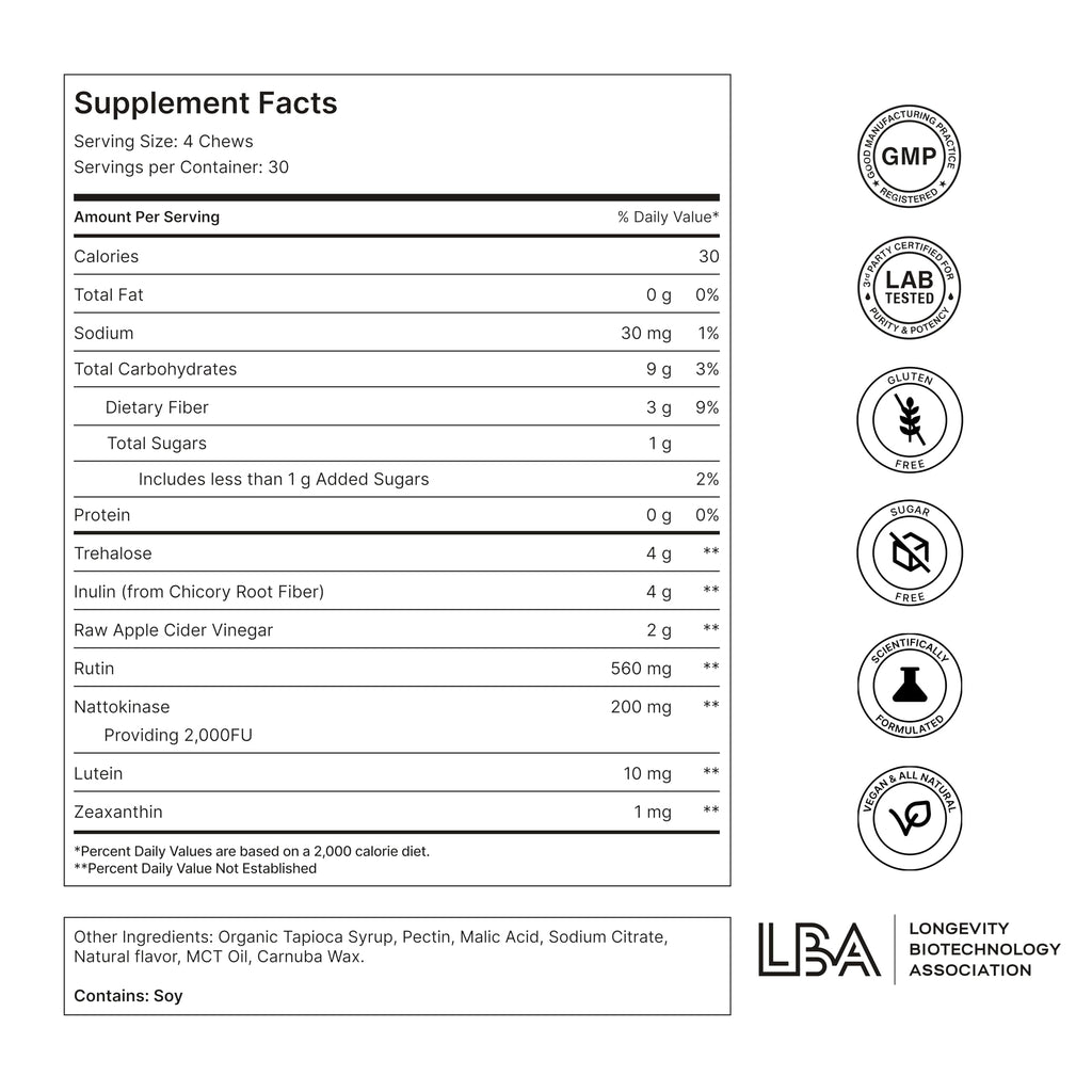 NOVOS Vital Nutritional Supplement Chews – Organ, Brain, Eye & Heart Support (120 Count) | Nattokinase, Lutein, Inulin, Rutin | Tropical Flavor