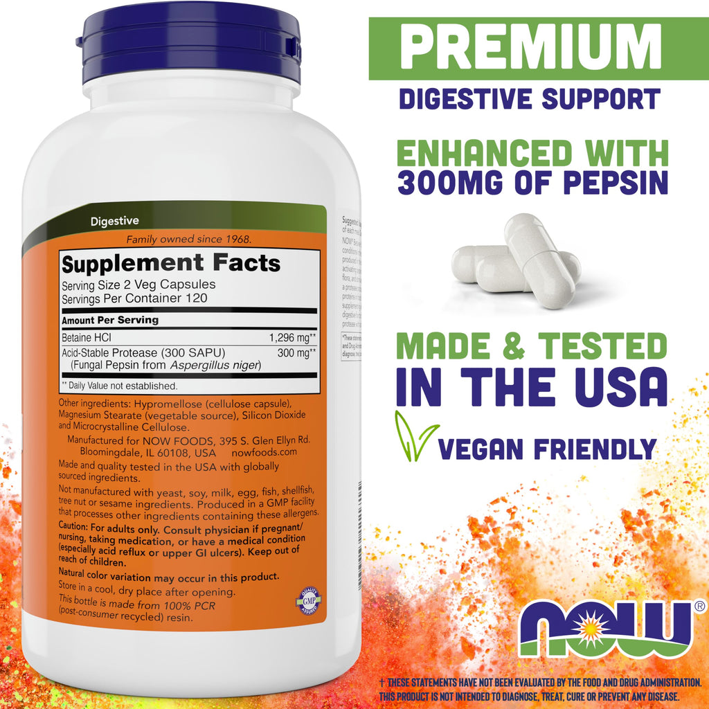 NOW Betaine HCl 648mg 240 Veg Capsules – Digestive Enzymes with Pepsin