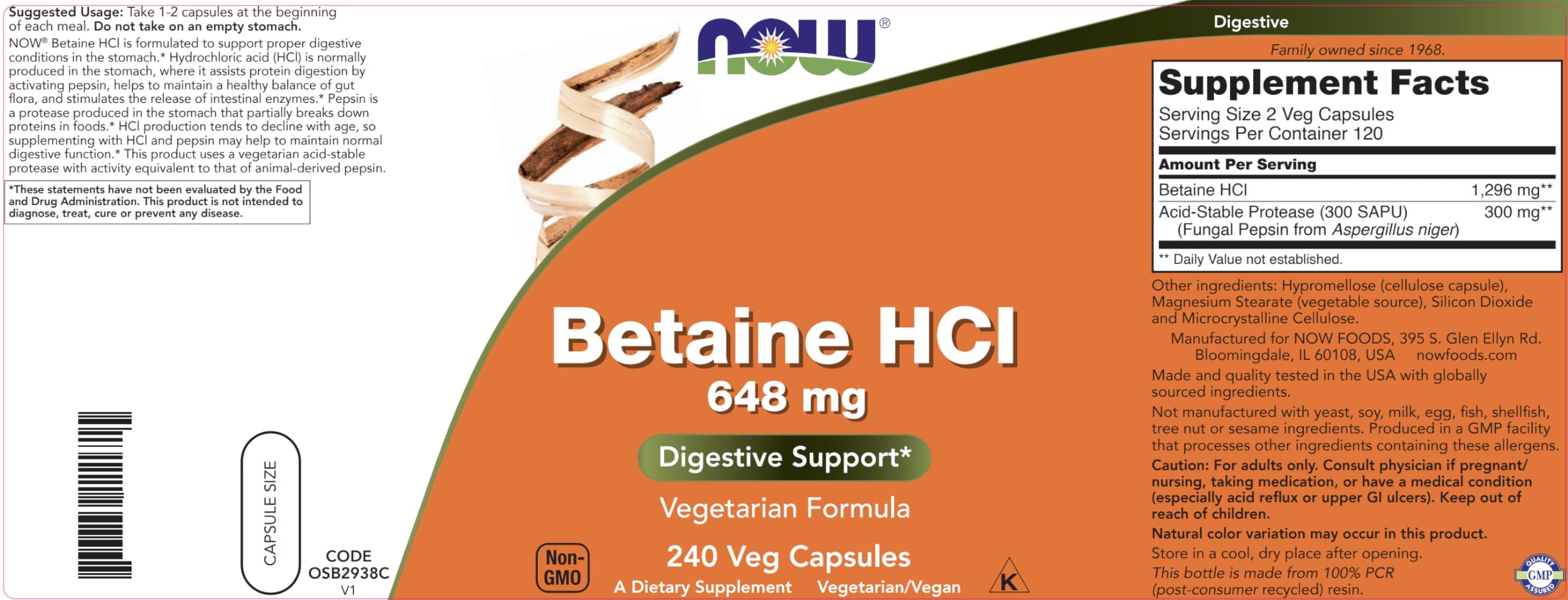 NOW Betaine HCl 648mg 240 Veg Capsules – Digestive Enzymes with Pepsin