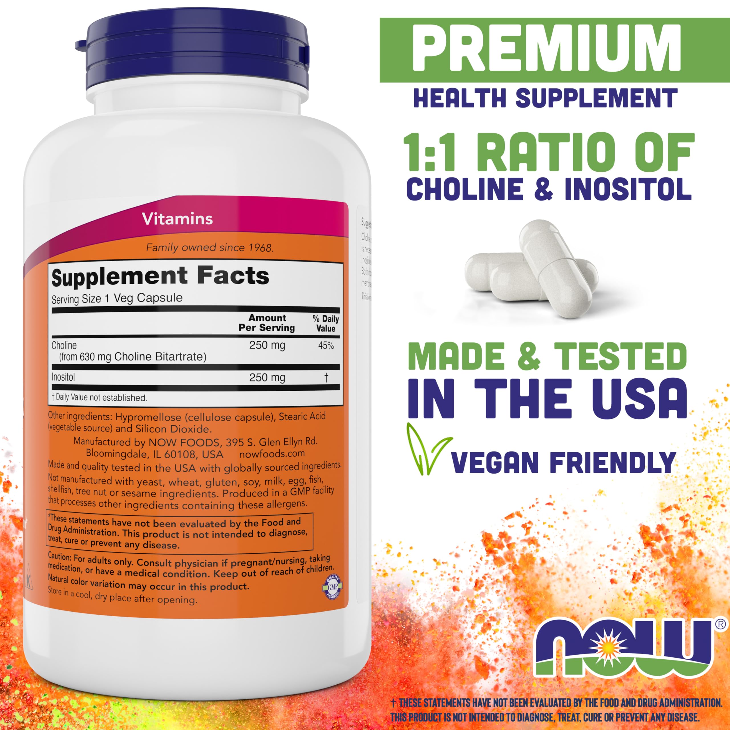 NOW Choline & Inositol, 180 Vegetarian Capsules | Non-GMO, Kosher & Vegan