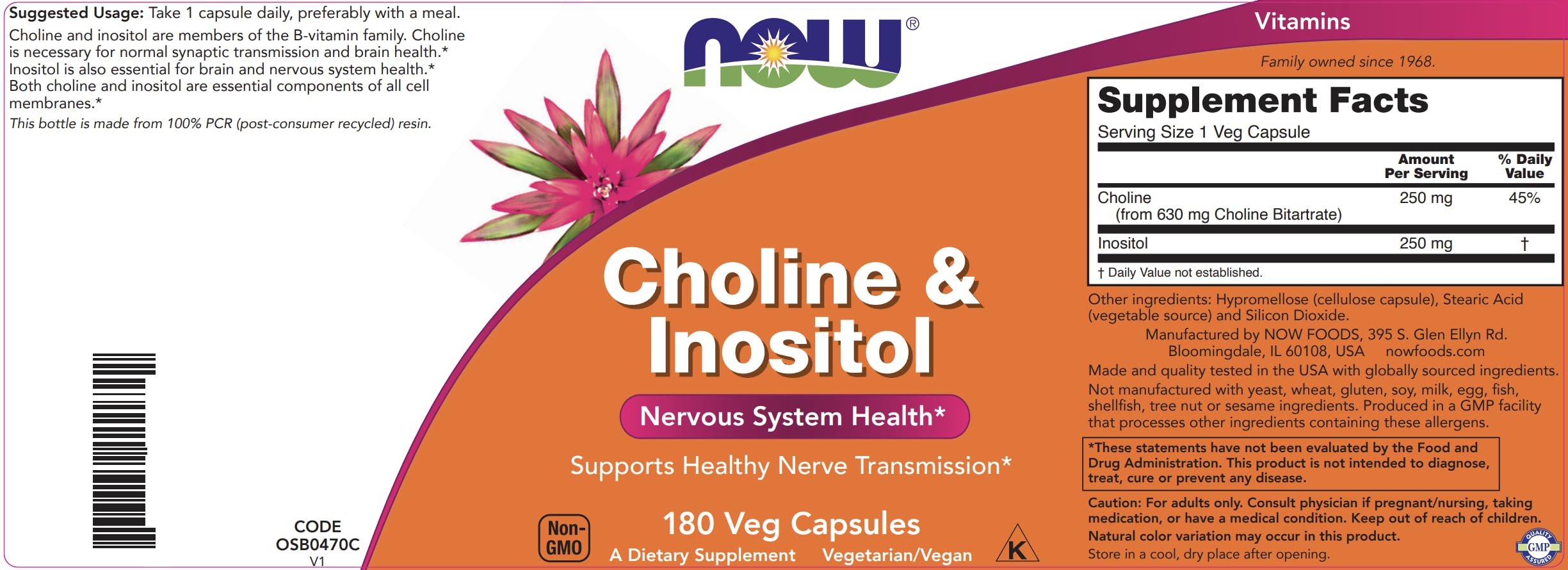 NOW Choline & Inositol, 180 Vegetarian Capsules | Non-GMO, Kosher & Vegan