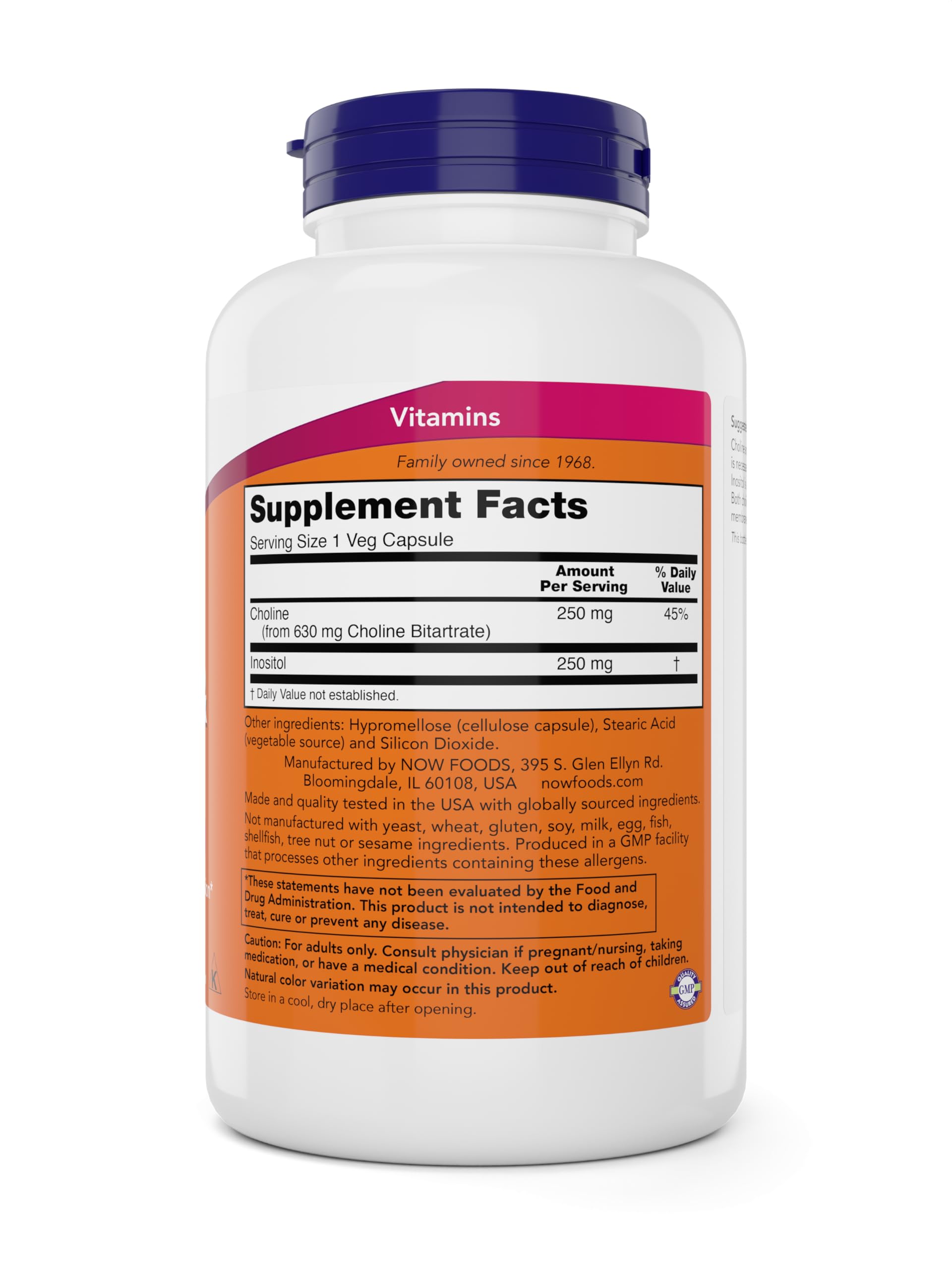 NOW Choline & Inositol, 180 Vegetarian Capsules | Non-GMO, Kosher & Vegan
