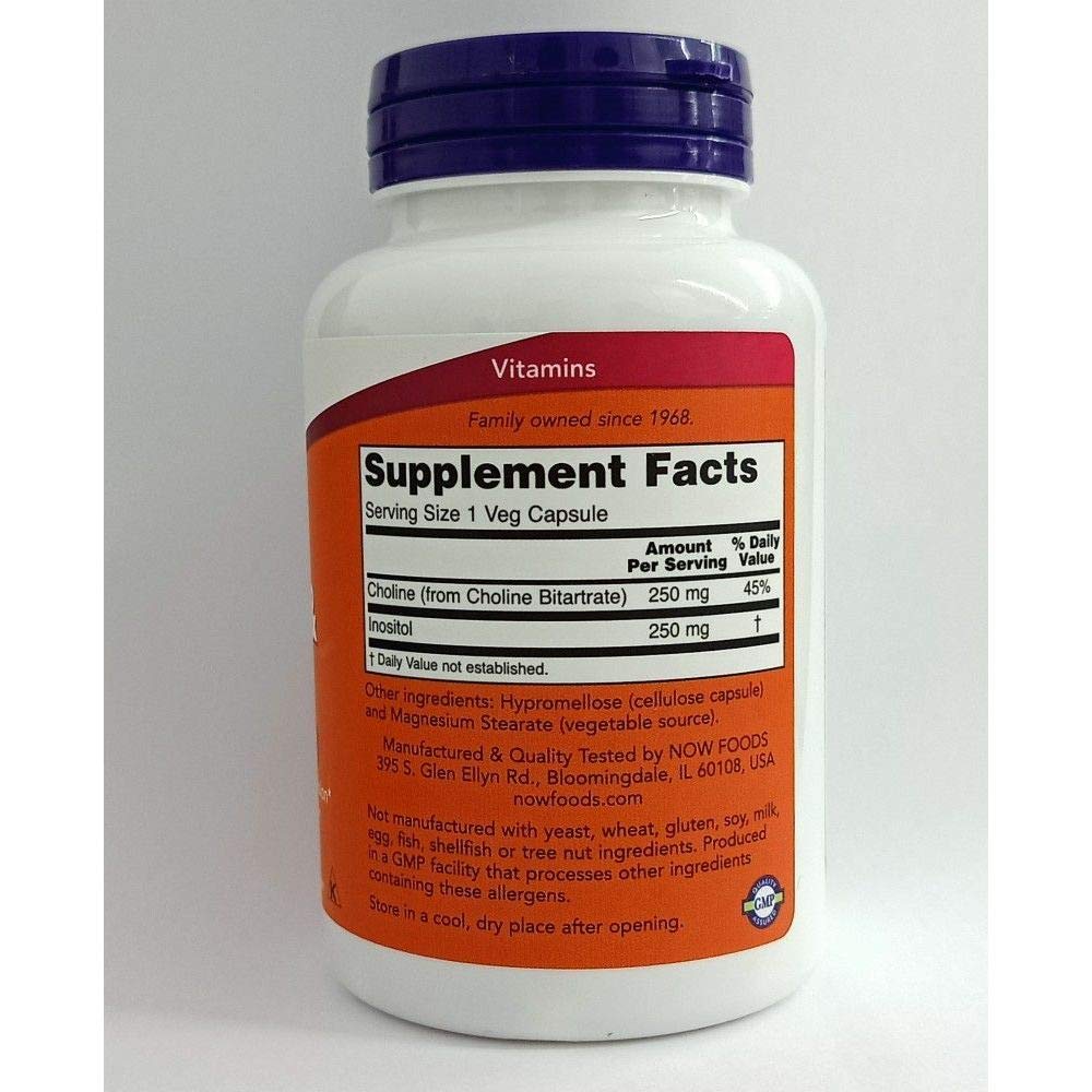 NOW Choline and Inositol 500mg, 100 Capsules (Pack of 2) – Brain & Nerve Support