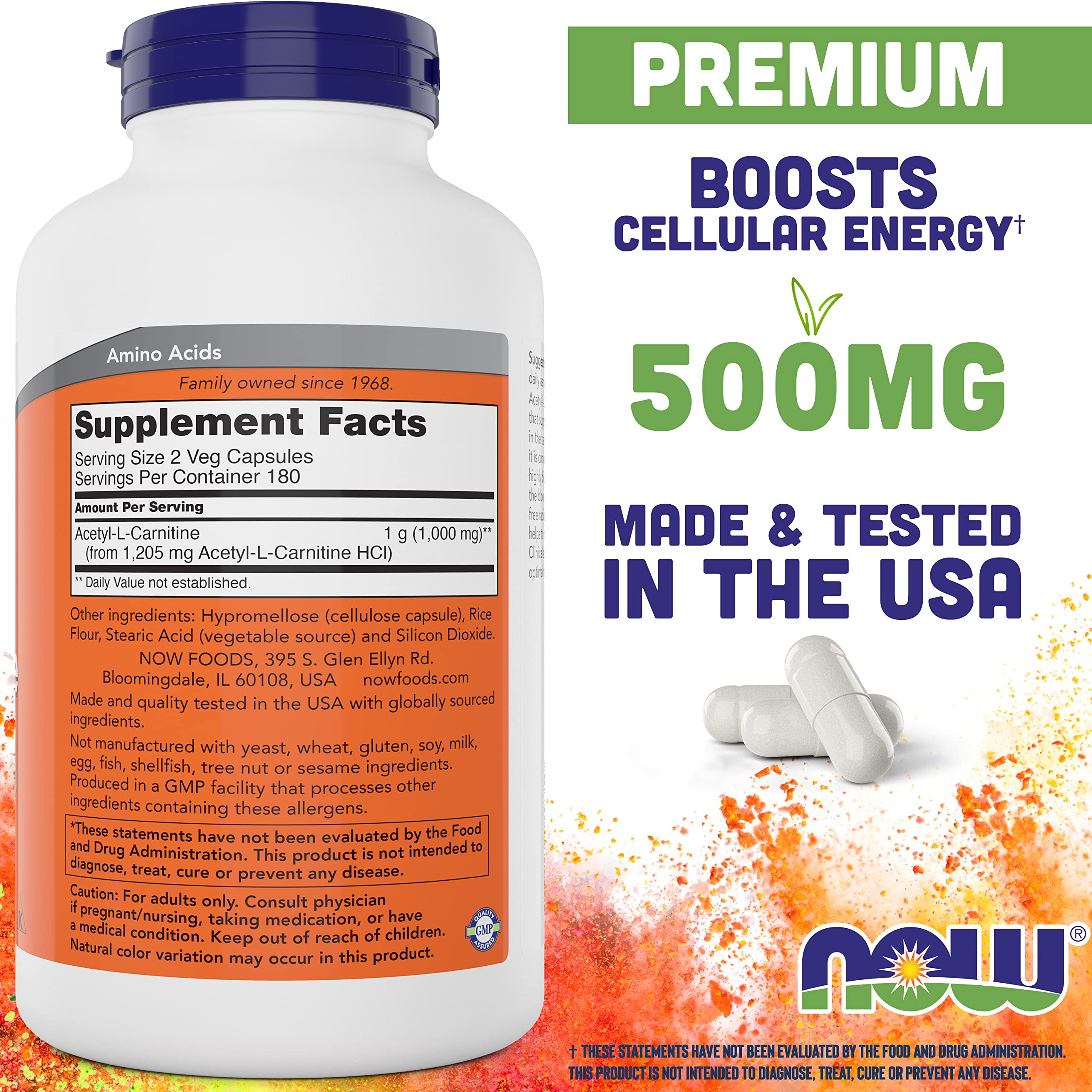 NOW Foods Acetyl L-Carnitine 500mg – 360 Veg Caps (Pack of 2) | Non-GMO, Kosher, Dairy-Free