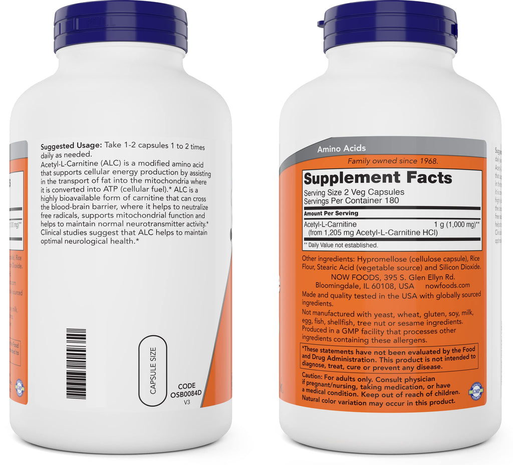 NOW Foods Acetyl L-Carnitine 500mg 2-Pack | 720 Capsules | Non-GMO, Vegan ACL 500 mg