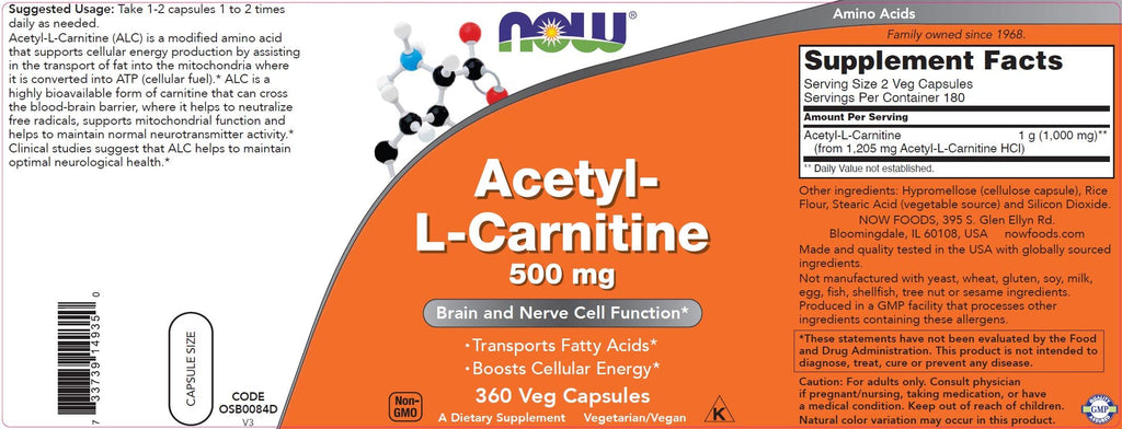 NOW Foods Acetyl L-Carnitine 500mg – 360 Veg Caps (Pack of 2) | Non-GMO, Kosher, Dairy-Free