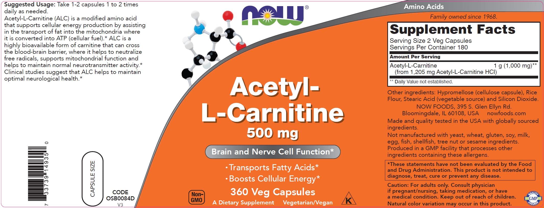 NOW Foods Acetyl-L-Carnitine 500 mg - 360 Veg Capsules | Non-GMO, Kosher, Dairy-Free