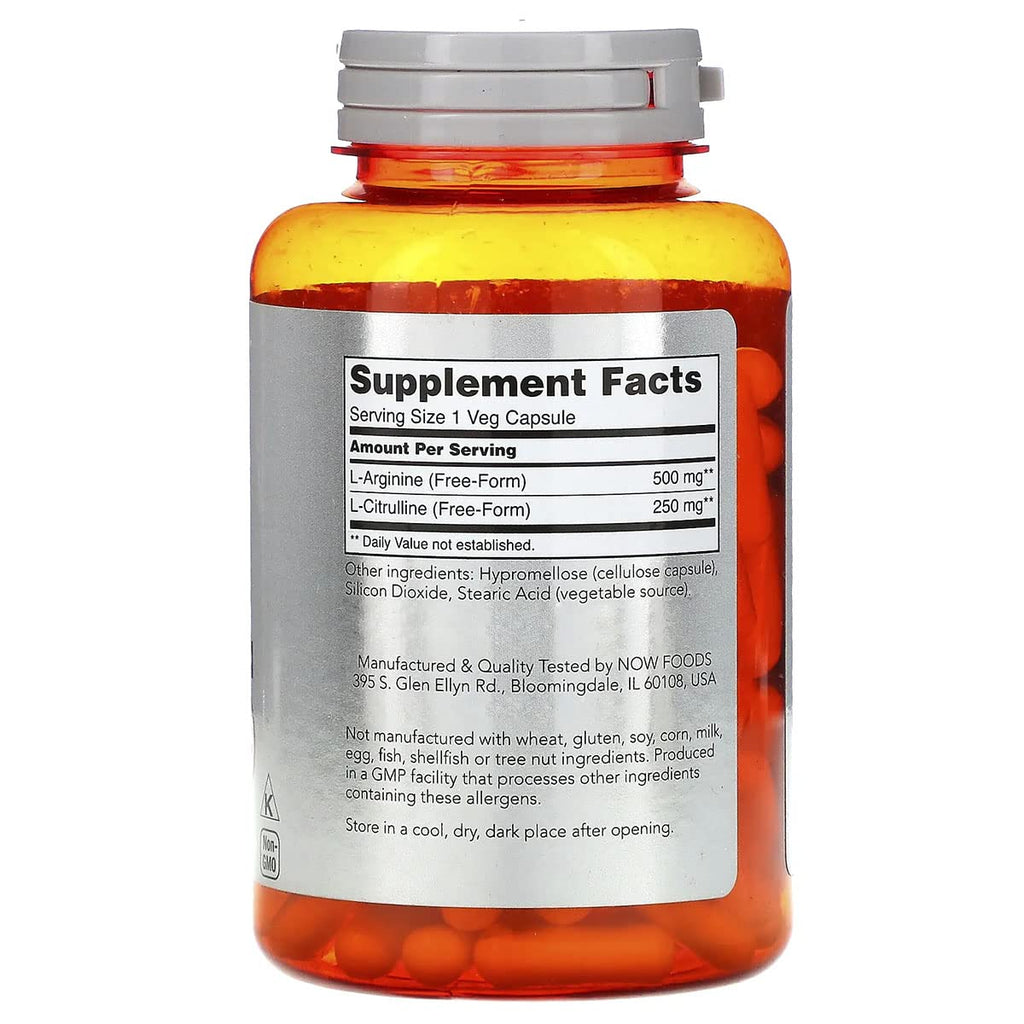 Now Foods Arginine 500mg with Citrulline 250mg – 120 Capsules