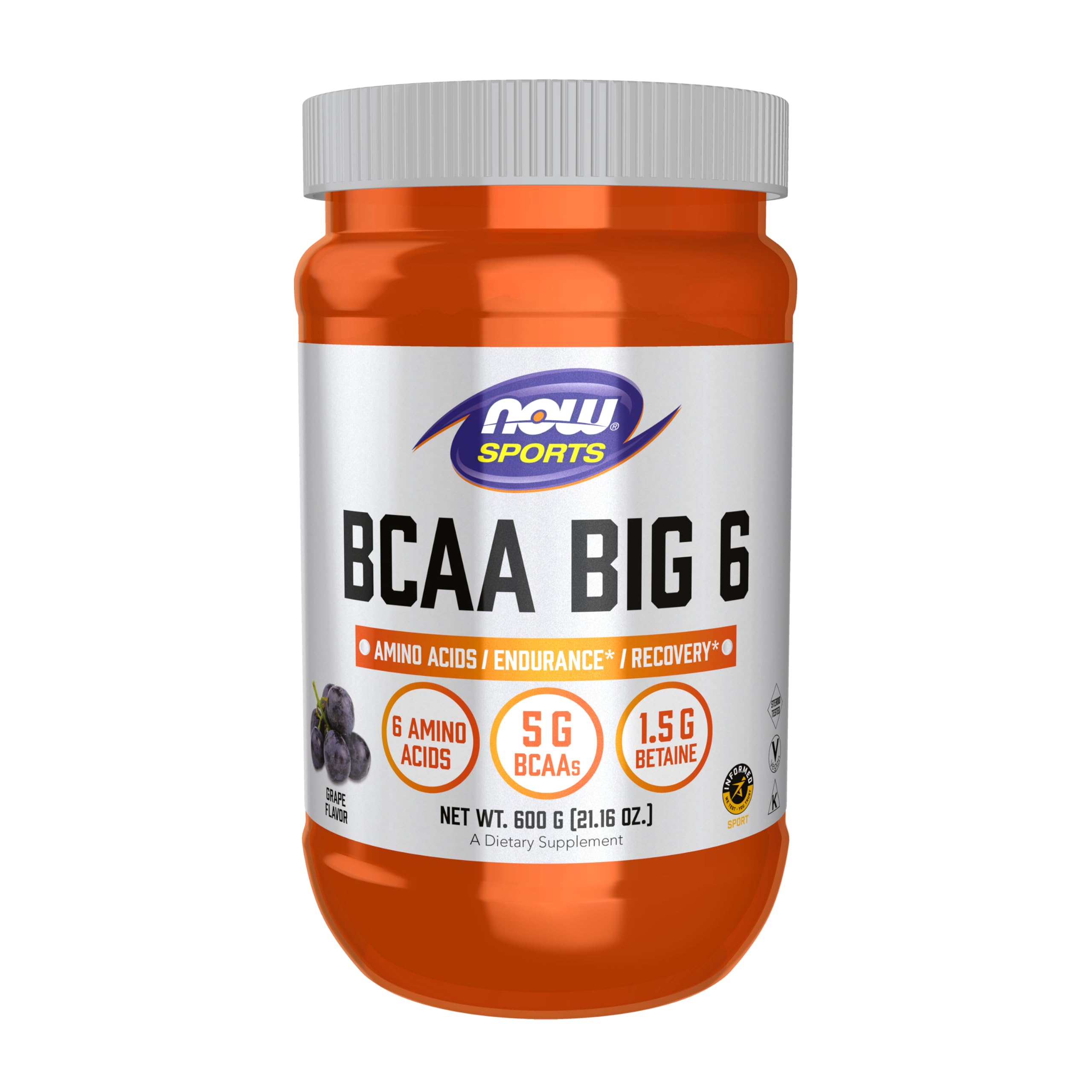 NOW Foods BCAA Big 6 – Grape, 600 g | Caffeine-Free Sports Nutrition