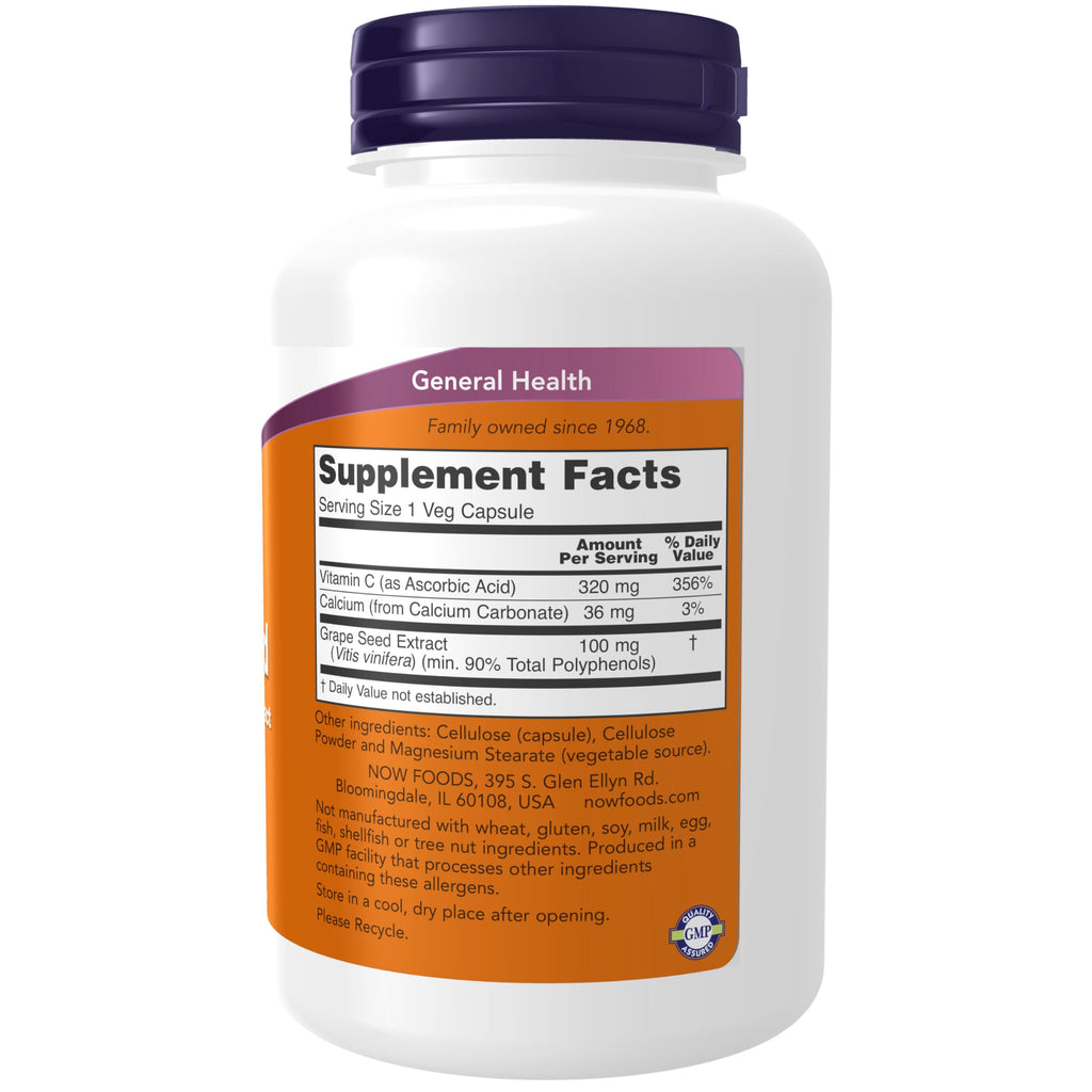 NOW Foods Grapeseed Extract 100 mg - 90% Polyphenols, Vitamin C, 200 Veg Capsules