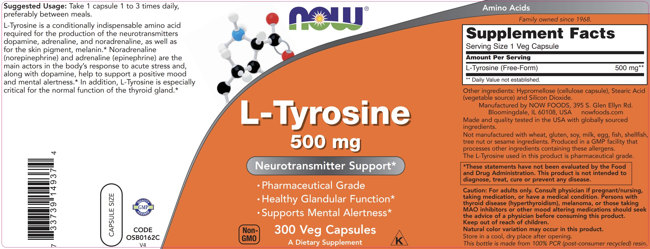 NOW Foods L-Tyrosine 500mg – 300 Capsules (Pack of 2) | Non-GMO