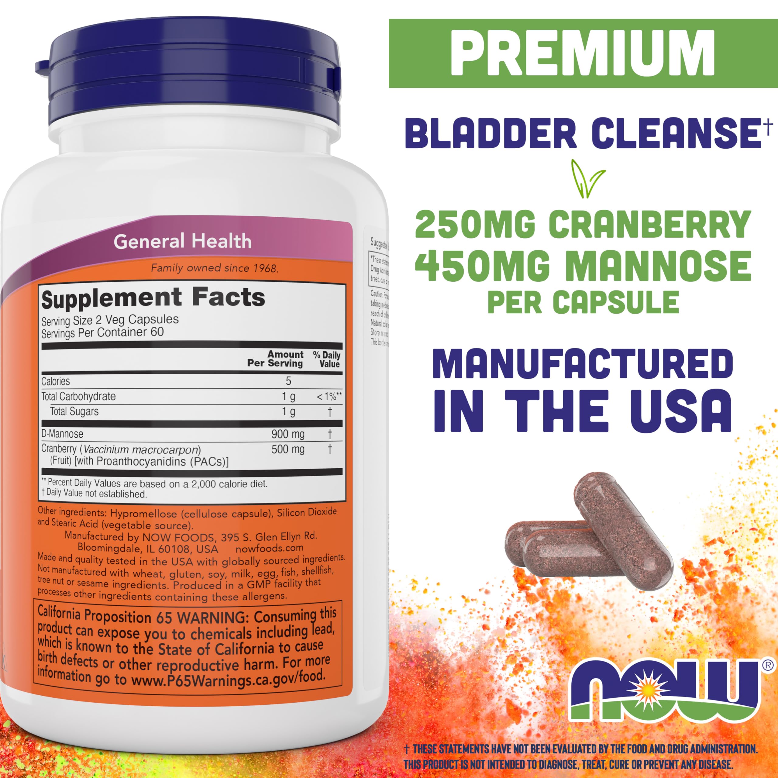 NOW Foods Mannose Cranberry 120 Veg Capsules – 450mg Mannose + Cranberry (PAC)