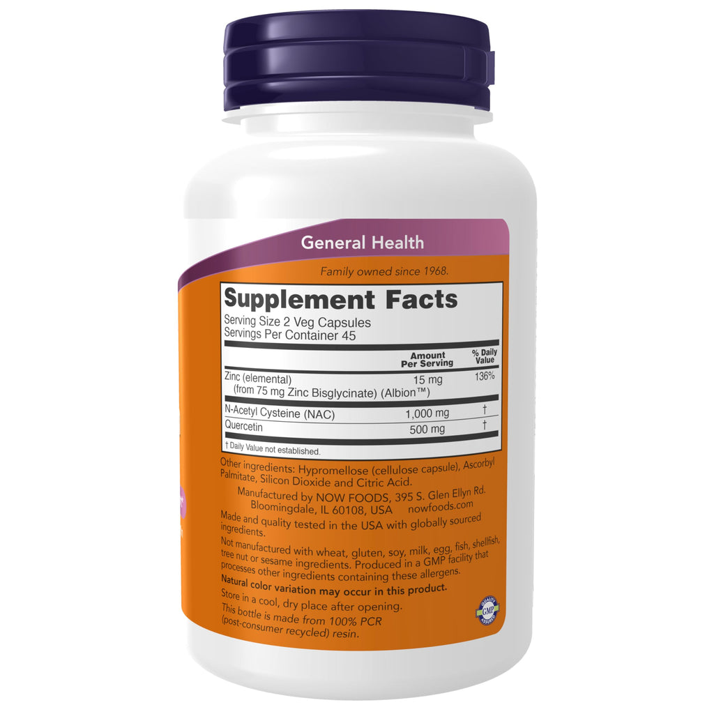 NOW Foods NAC Quercetin Zinc Immune & Respiratory Support | 1,000 mg NAC | 90 Veg Capsules