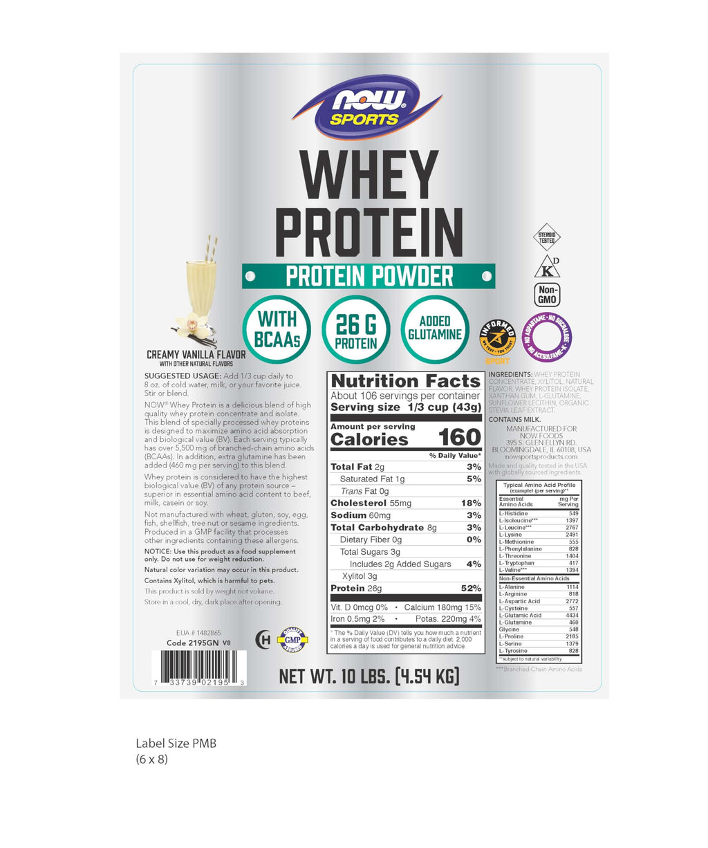 NOW Foods Whey Protein with BCAAs, Creamy Vanilla, 26 g Protein per Serving - 10 lb