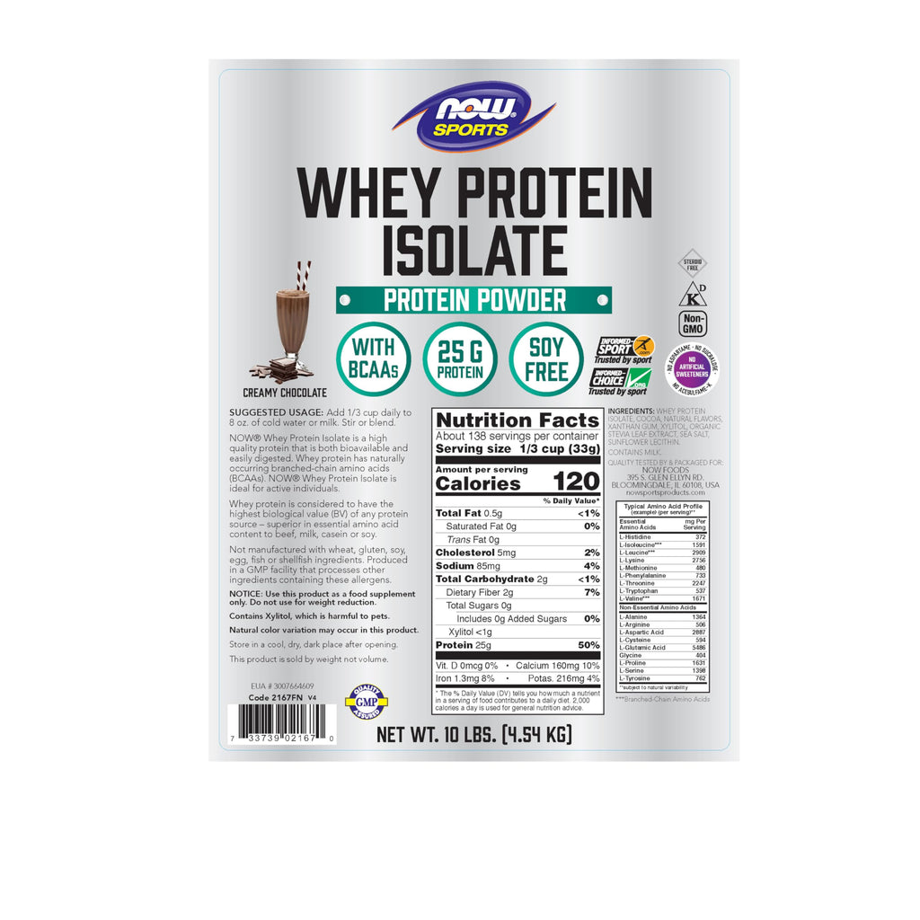NOW Foods Whey Protein Isolate – 25 g Protein with BCAAs, Creamy Chocolate, 10 lb
