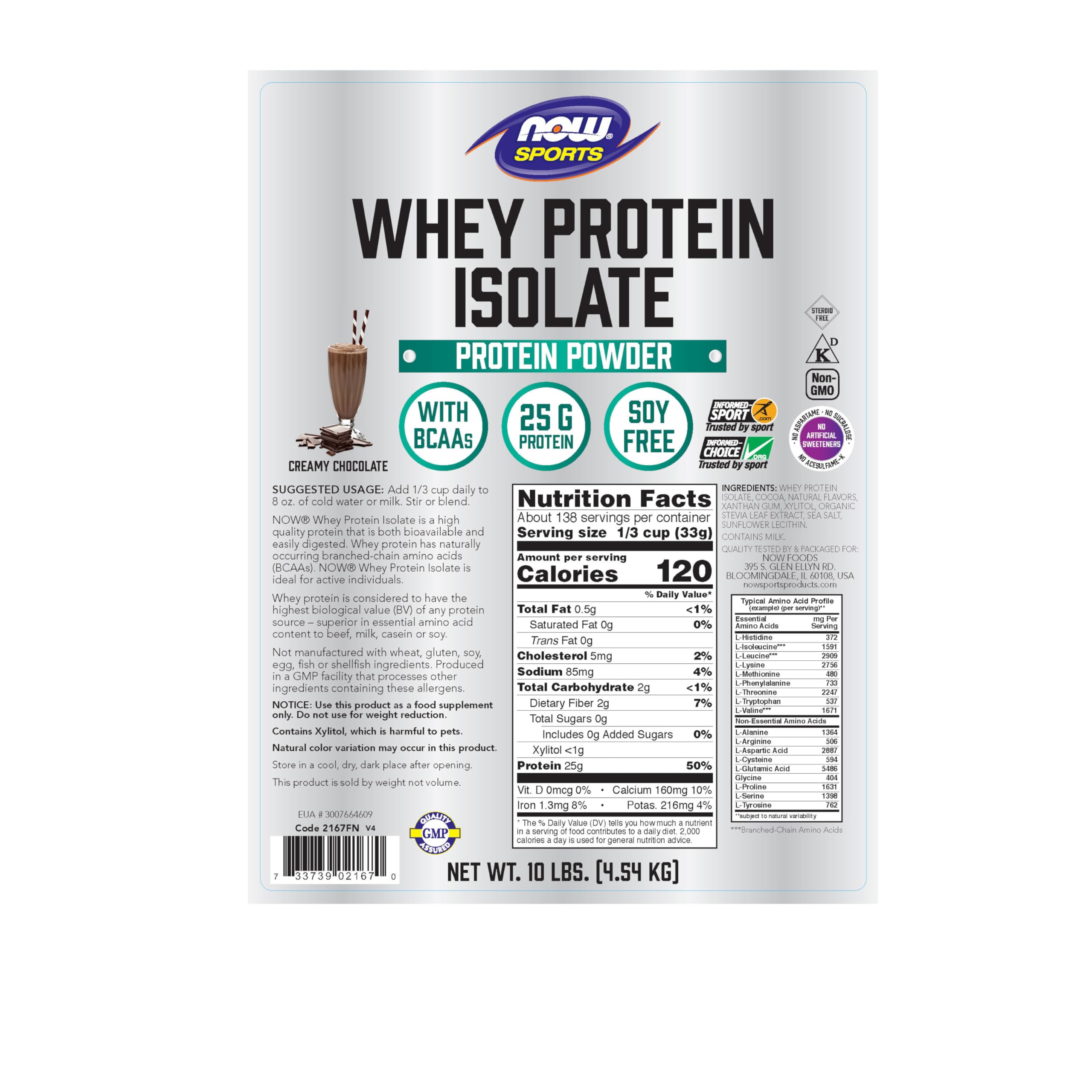 NOW Foods Whey Protein Isolate – 25 g Protein with BCAAs, Creamy Chocolate, 10 lb