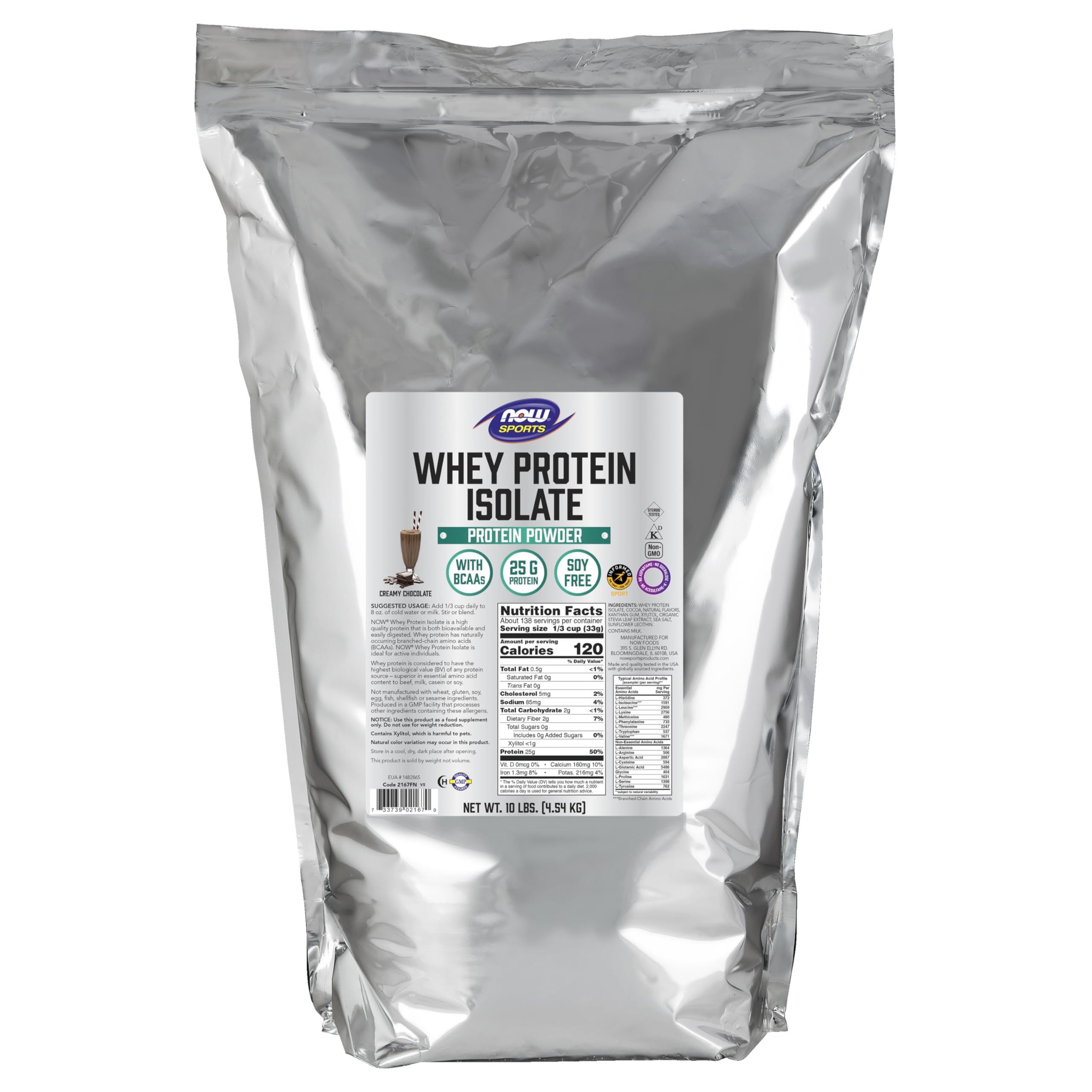 NOW Foods Whey Protein Isolate – 25 g Protein with BCAAs, Creamy Chocolate, 10 lb