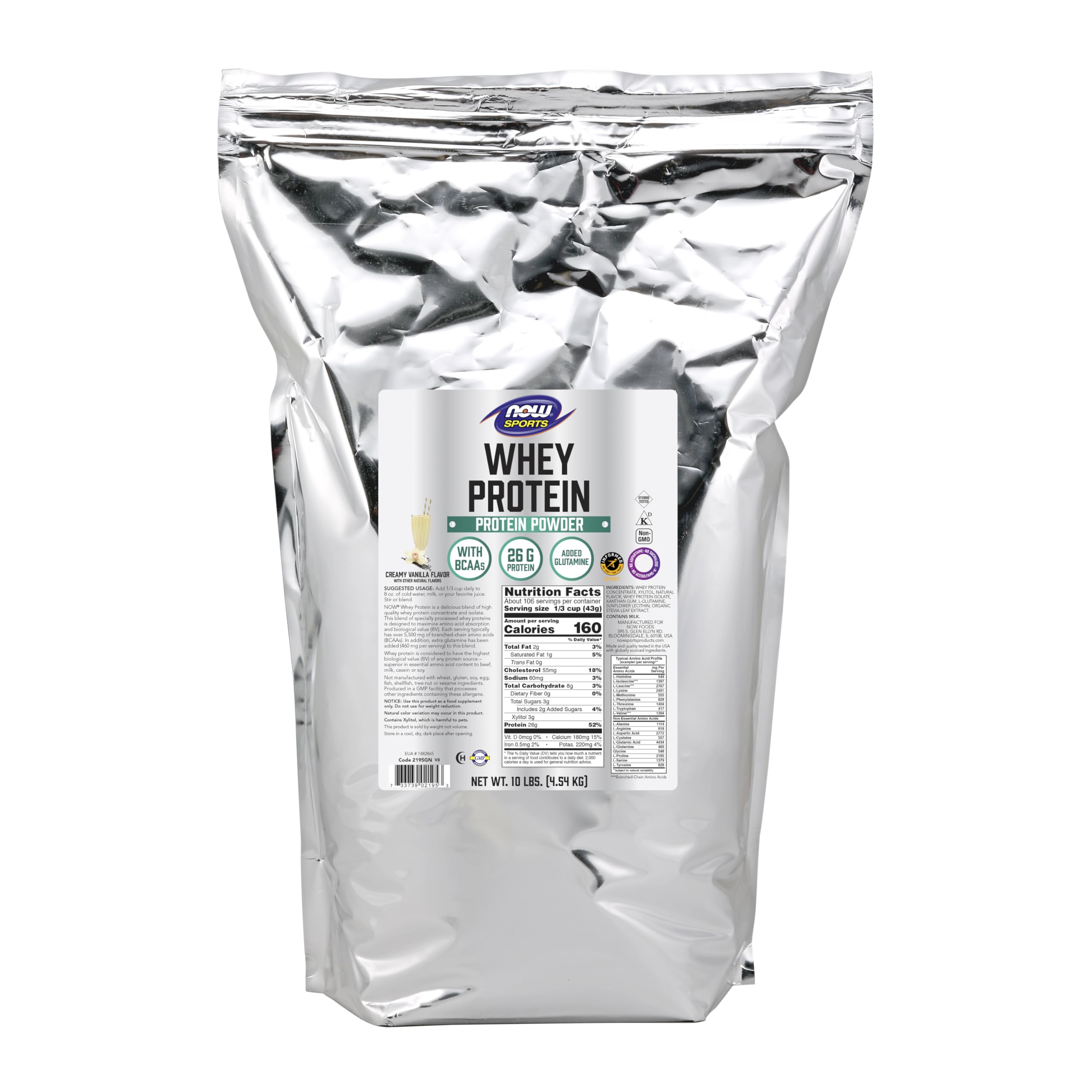 NOW Foods Whey Protein with BCAAs, Creamy Vanilla, 26 g Protein per Serving - 10 lb