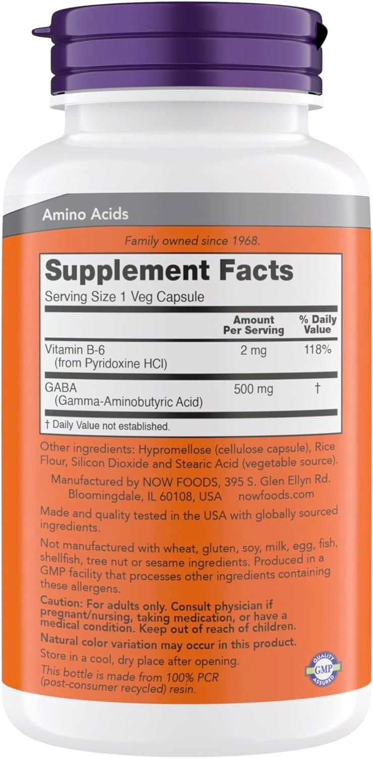 NOW GABA 500 mg Capsules – Stress Relief, Vegan, Kosher, 300 Capsules