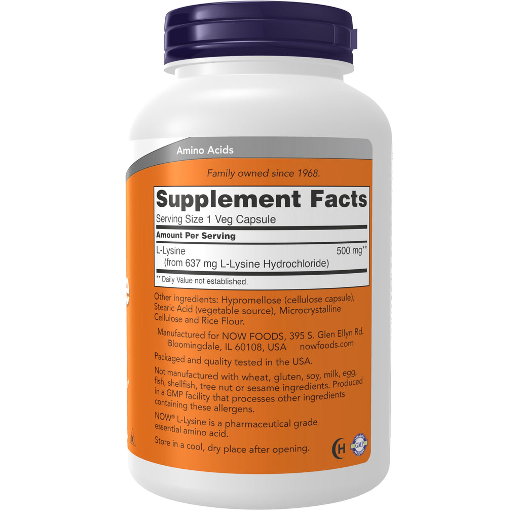 NOW L-lysine 500 mg, 250 Capsules | Essential Amino Acid Supplement