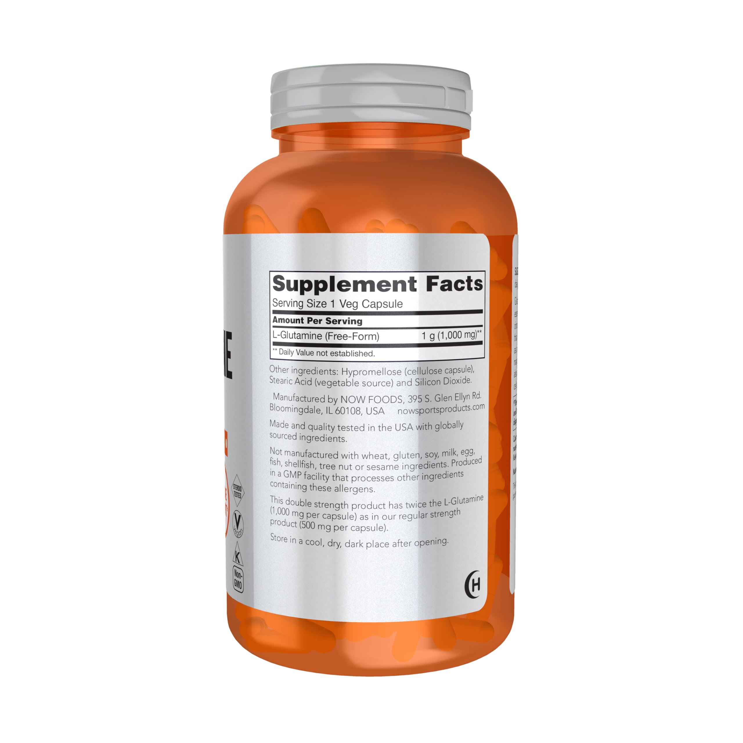 NOW Sports Nutrition L-Glutamine 1000 mg – Double Strength, 240 Veg Capsules