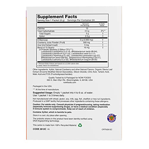 NOW Supplements Cranberry Mannose + Probiotics – 24/Box, 10 Probiotic Strains