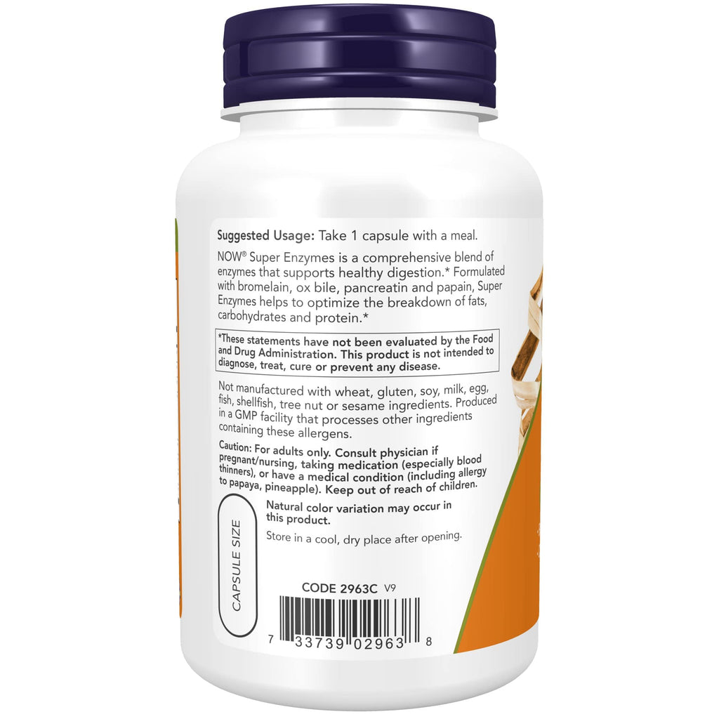 NOW Supplements Super Enzymes 90 Capsules – Bromelain, Ox Bile, Pancreatin & Papain