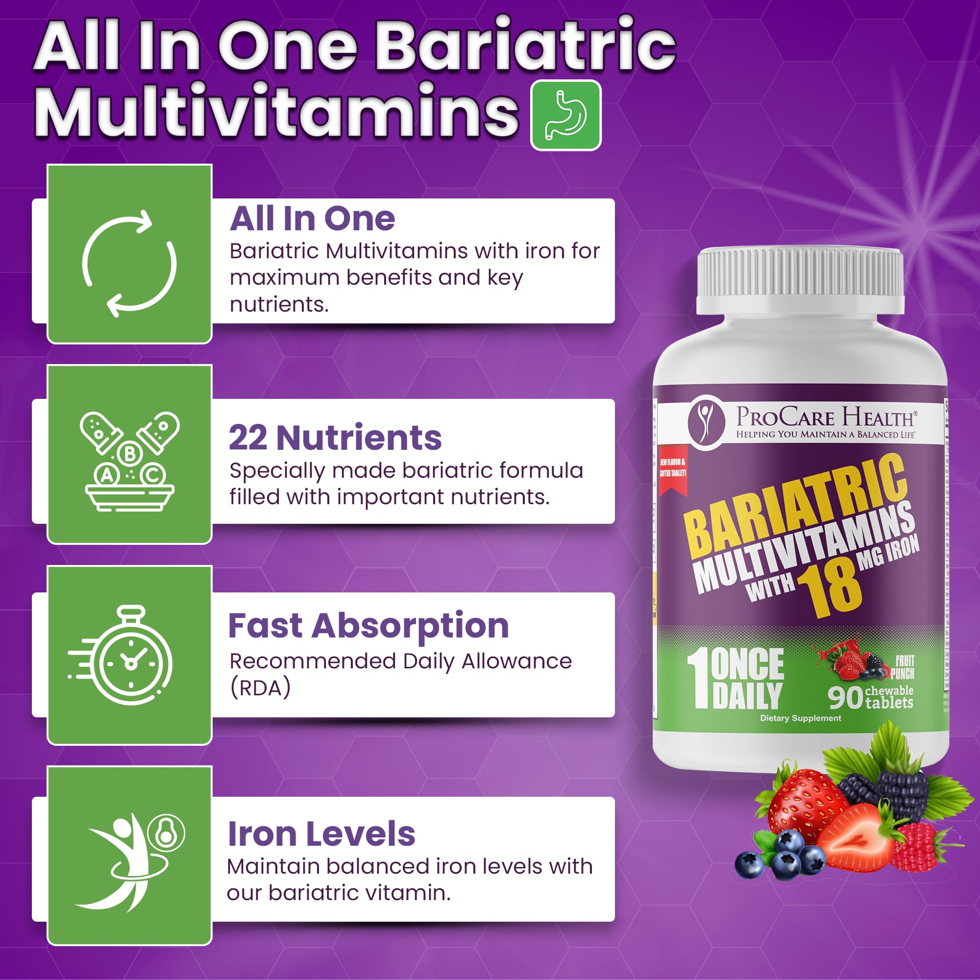 ProCare Health Bariatric Chewable Multivitamin with Iron 18mg (90 Tablets) - Fruit Punch Flavor - For Gastric Bypass & Sleeve Gastrectomy Patients* (3 Month Supply)
